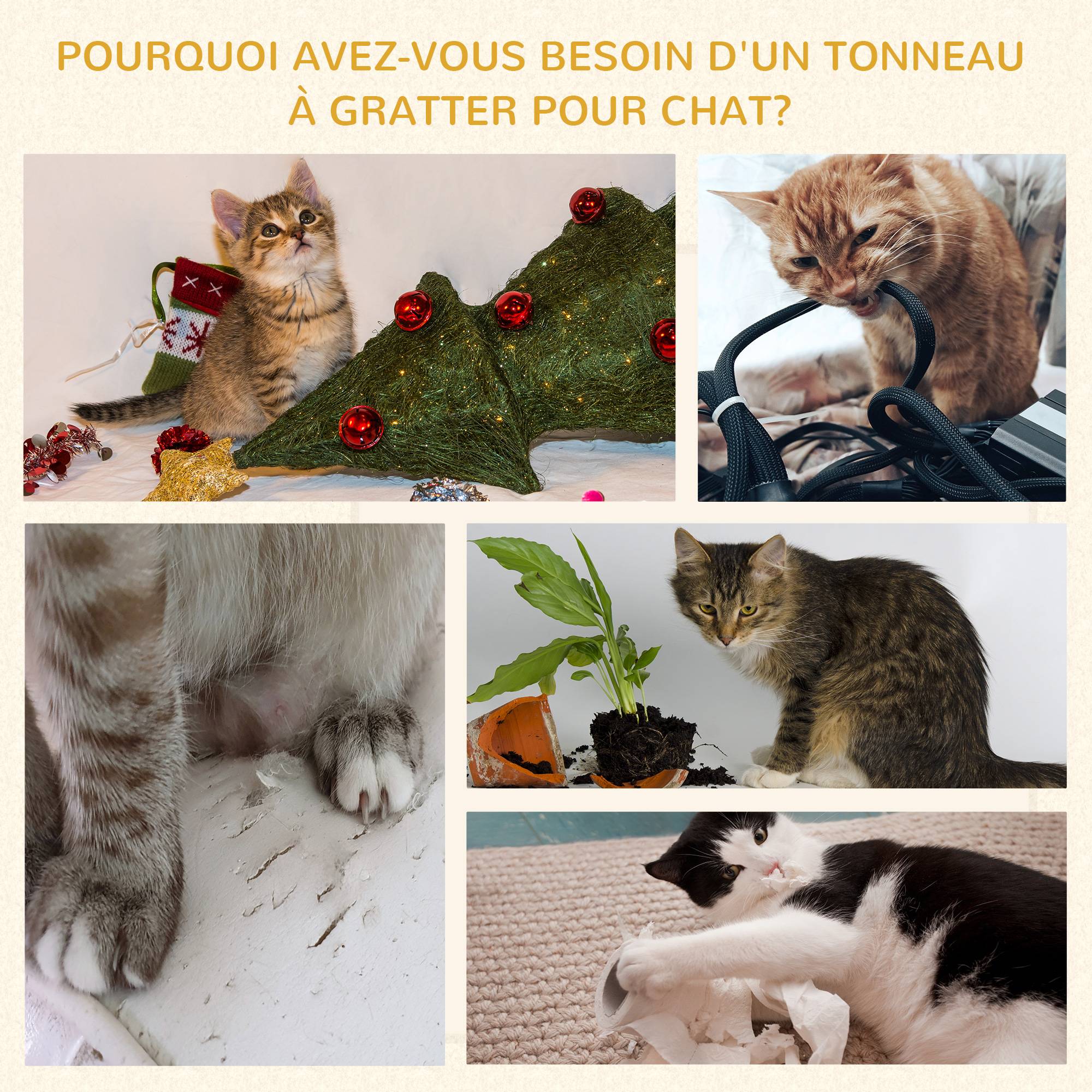 Pawhut - Arbre à chat cylindrique - tour à griffer pour chat - arbre à chat tour - Tonneau griffoir - 3 niches + plateforme - sisal corde d'algues beige - Image 7