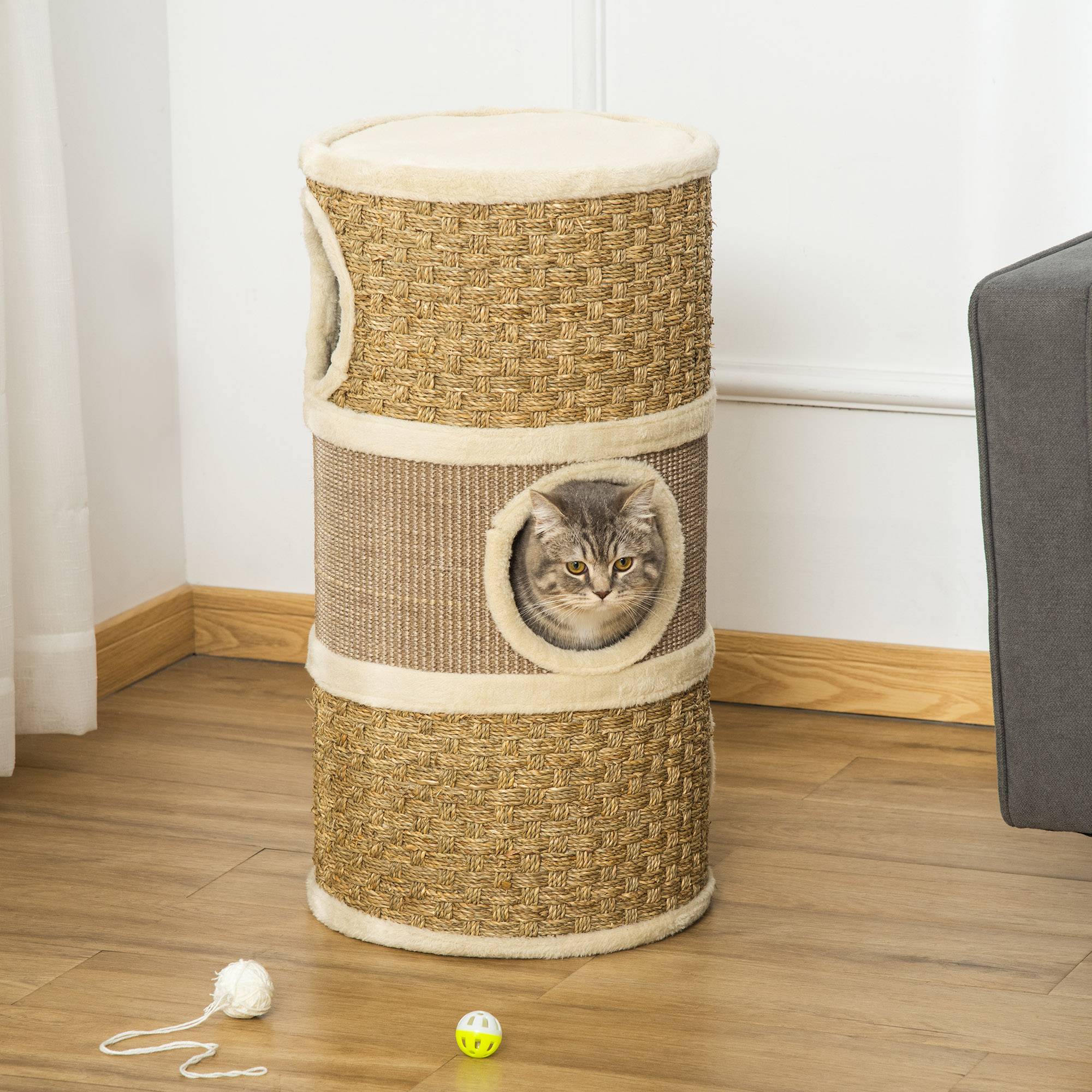 Pawhut - Arbre à chat cylindrique - tour à griffer pour chat - arbre à chat tour - Tonneau griffoir - 3 niches + plateforme - sisal corde d'algues beige - Image 2