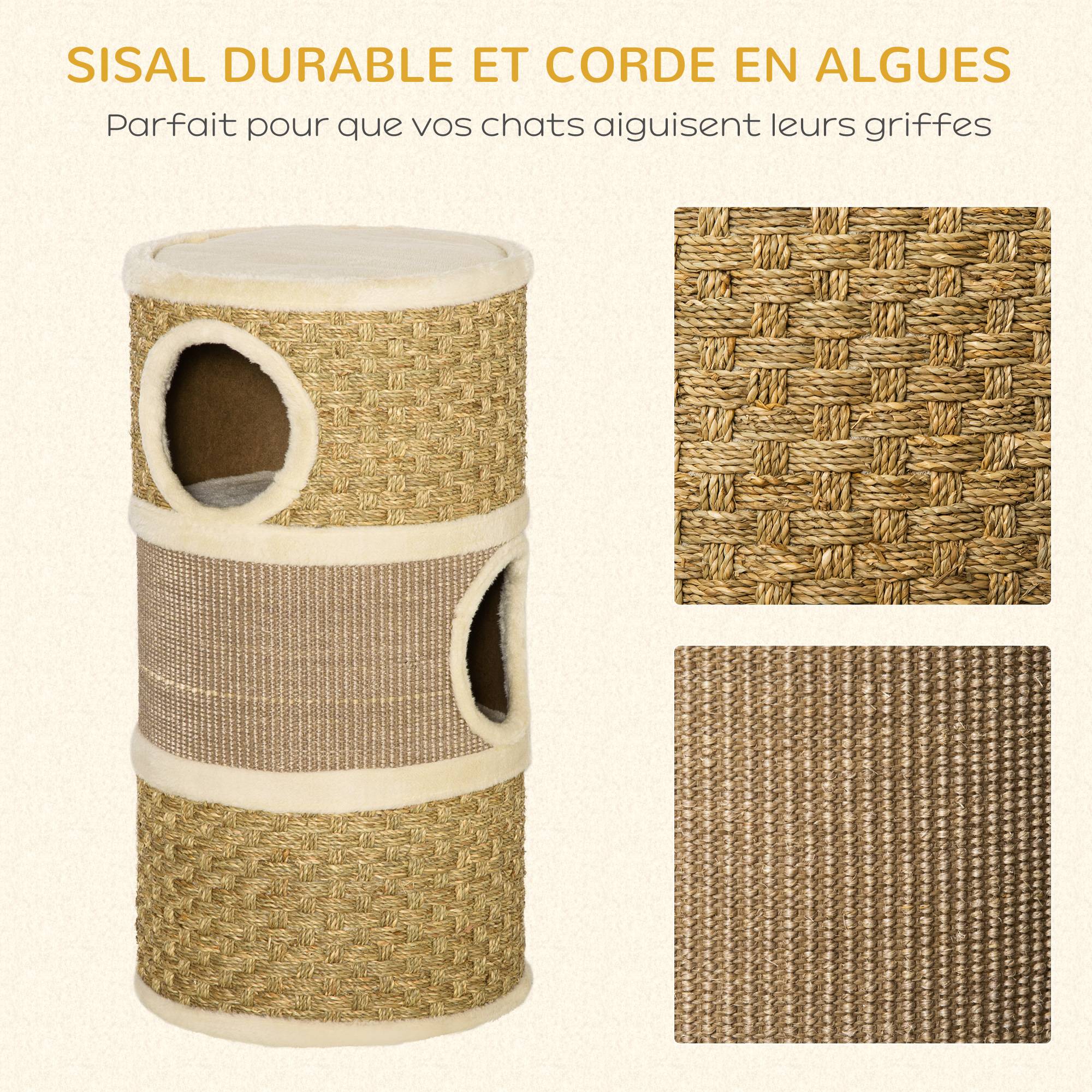 Pawhut - Arbre à chat cylindrique - tour à griffer pour chat - arbre à chat tour - Tonneau griffoir - 3 niches + plateforme - sisal corde d'algues beige - Image 6