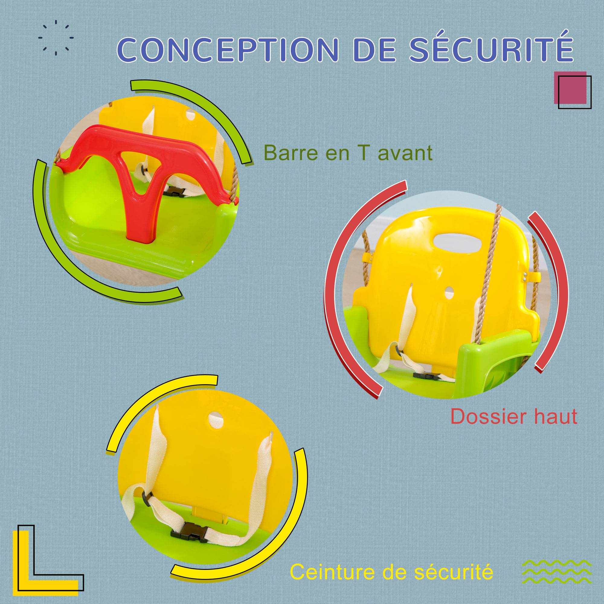 Balançoire siège 3 en 1 évolutif pour enfant avec dossier et barre en T amovibles intérieur extérieur hauteur ajustable - Image 8
