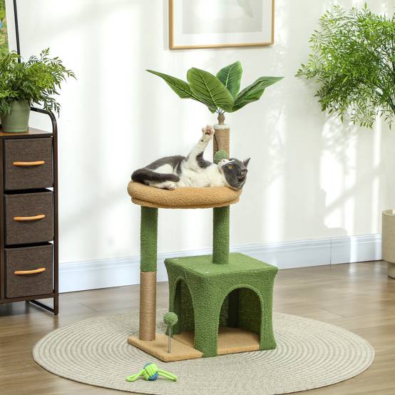 Arbre à Chat Design Nature en Bois et Jute pour Petit Chat avec Niche Griffoirs et Jouets 98 cm Vert - ComfortXL Outdoor Living - Image 3