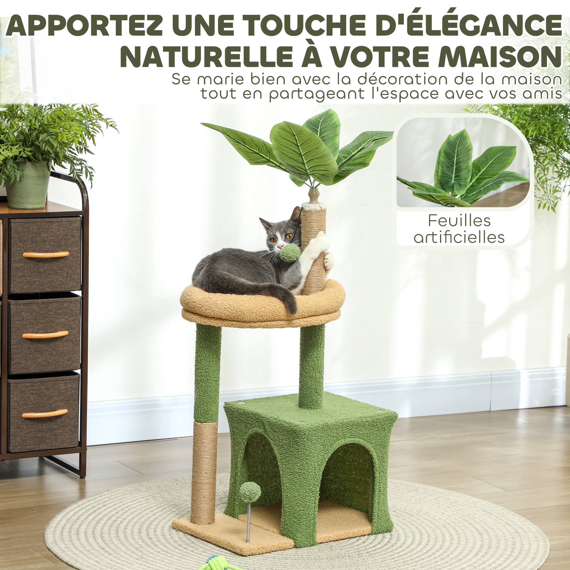 Arbre à Chat Design Nature en Bois et Jute pour Petit Chat avec Niche Griffoirs et Jouets 98 cm Vert - ComfortXL Outdoor Living - Image 6