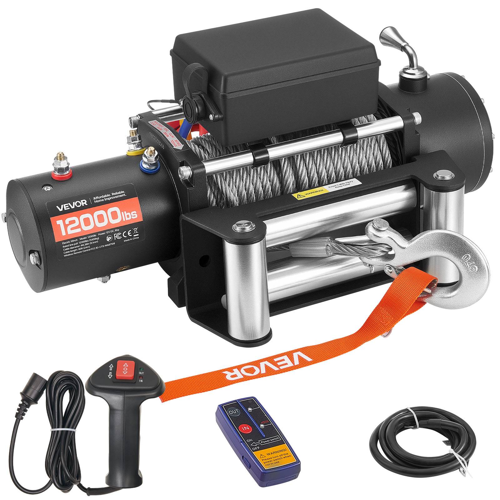 Vevor - VEVOR Treuil électrique 12 V 5 400 kg, câble acier 9,1 mm x 24 m, télécommandes filaire et sans fil, IP55, pour SUV, pick-up et tout-terrain