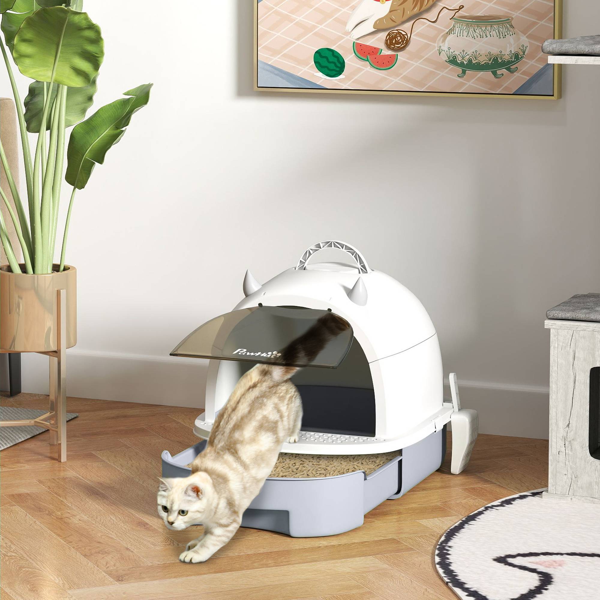 Sans Marque - Maison de toilette pour chat bac à litière fermé chat poignée de transport porte translucide 40,5 x 52 x 39 cm gris - Image 2