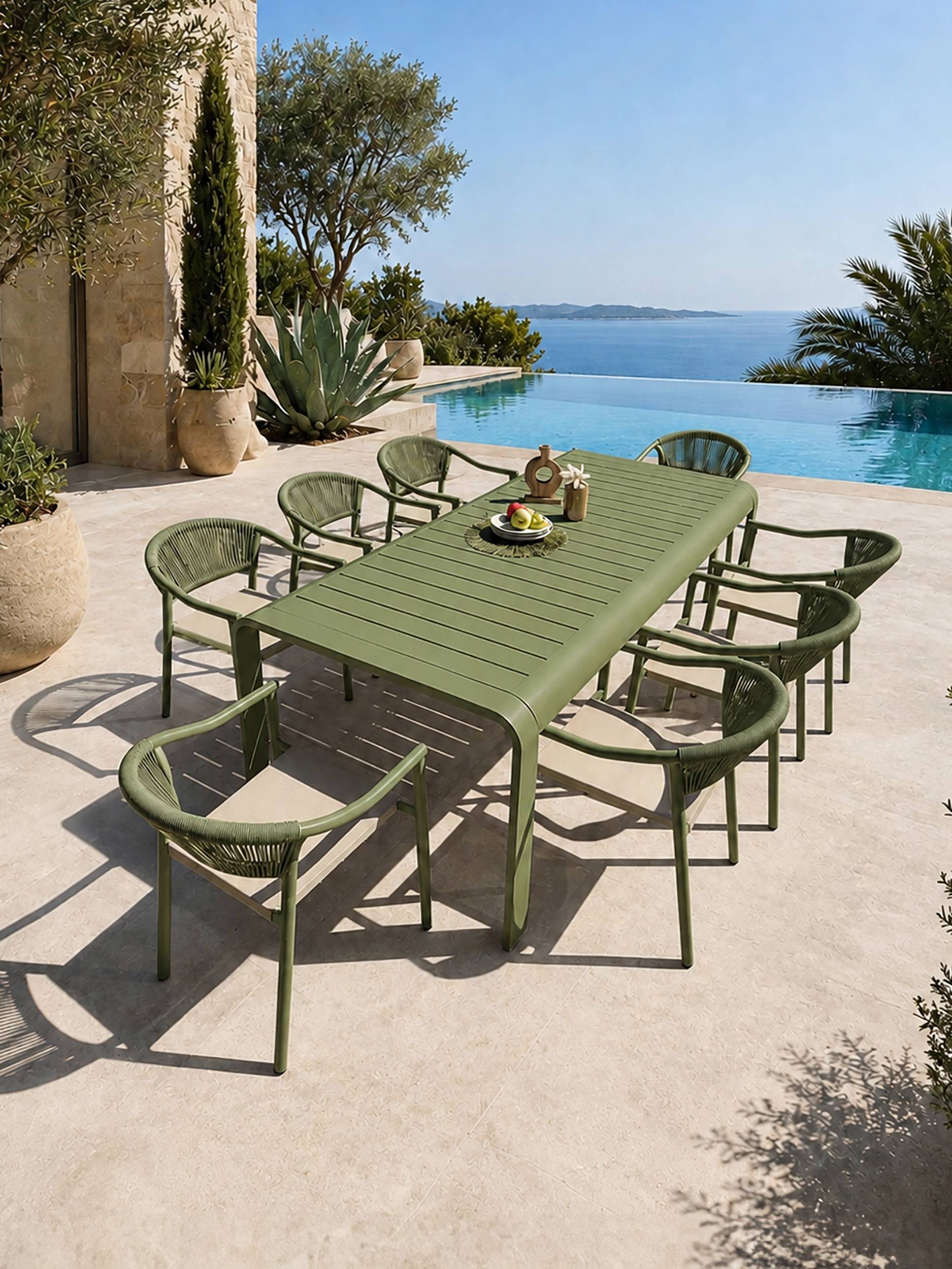Dcb Garden - Ensemble repas de jardin en aluminium 8 places  - Vert olive - HANOI - Image 1