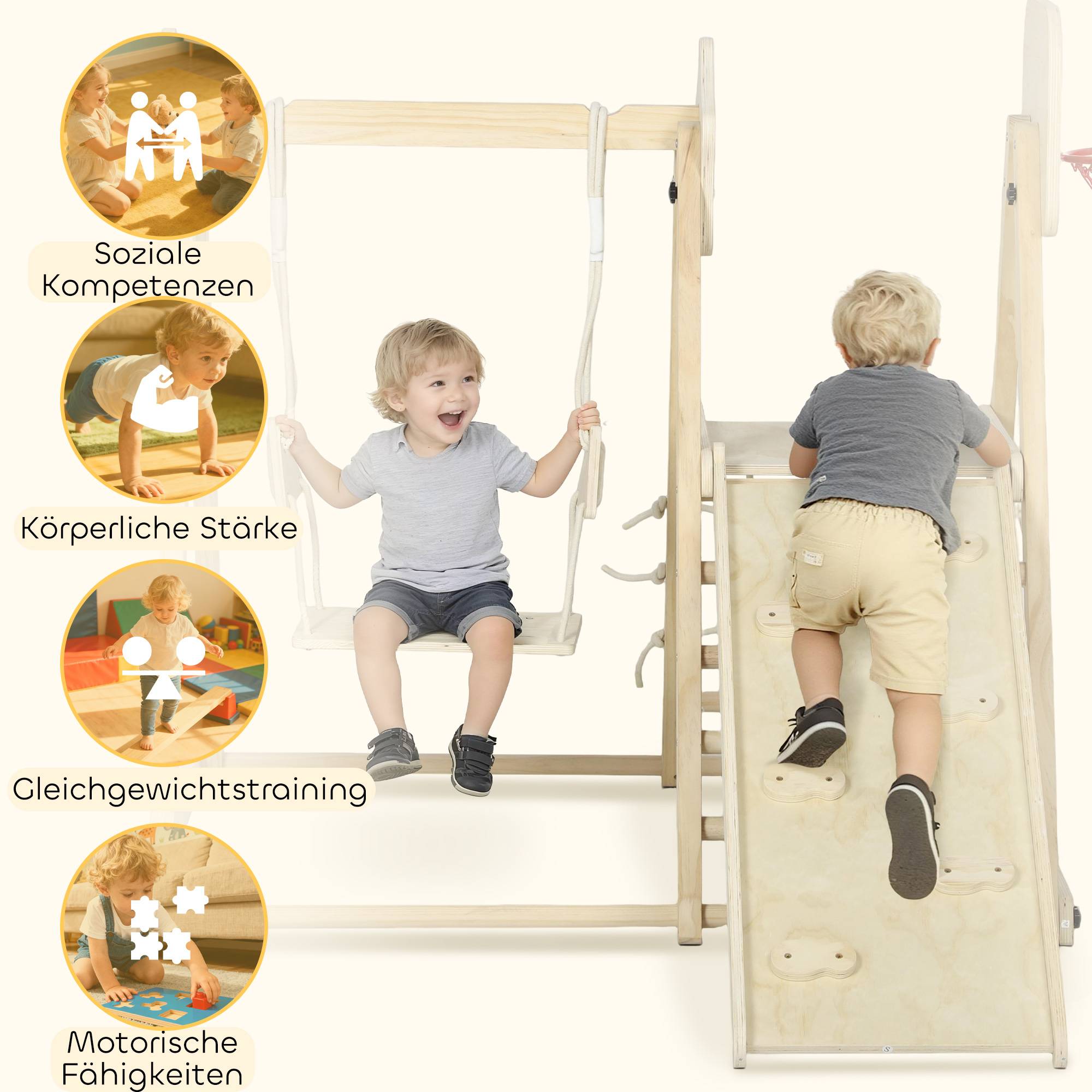 Structure d'escalade d'intérieur 5 en 1 avec toboggan, balançoire, filet d'escalade et panier de basket, pliable, 3-6 ans, bois naturel - Image 9