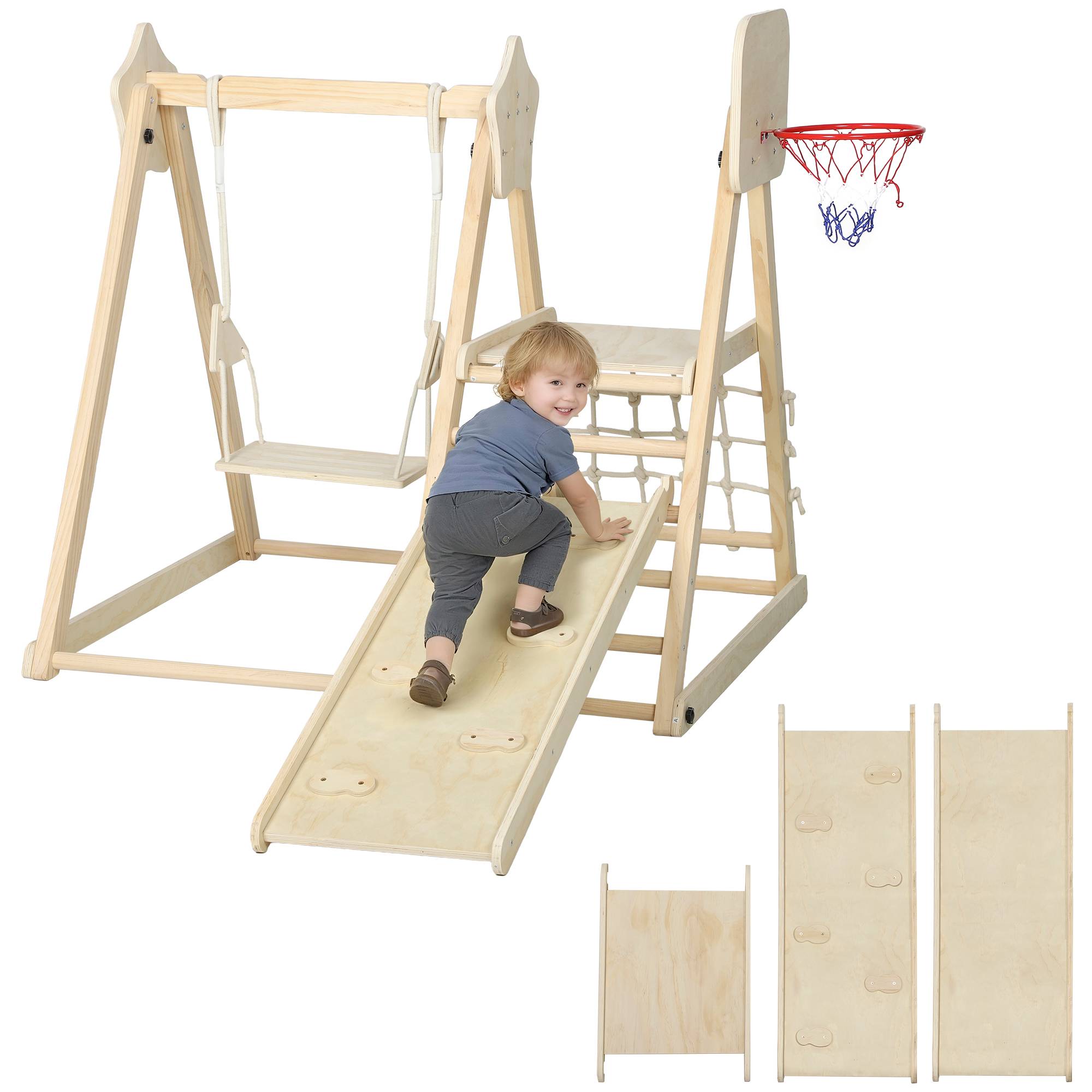 Structure d'escalade d'intérieur 5 en 1 avec toboggan, balançoire, filet d'escalade et panier de basket, pliable, 3-6 ans, bois naturel - Image 1