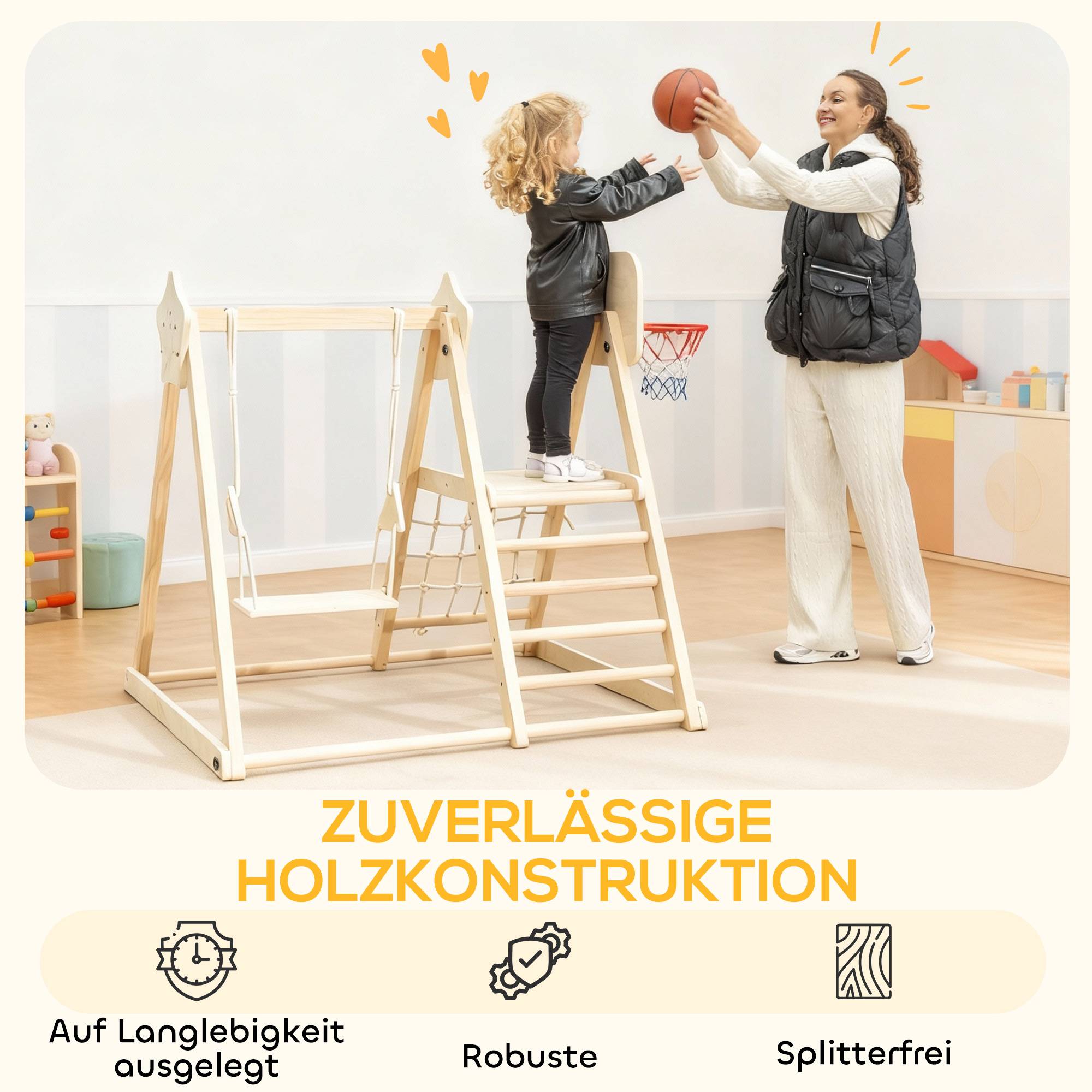 Structure d'escalade d'intérieur 5 en 1 avec toboggan, balançoire, filet d'escalade et panier de basket, pliable, 3-6 ans, bois naturel - Image 7