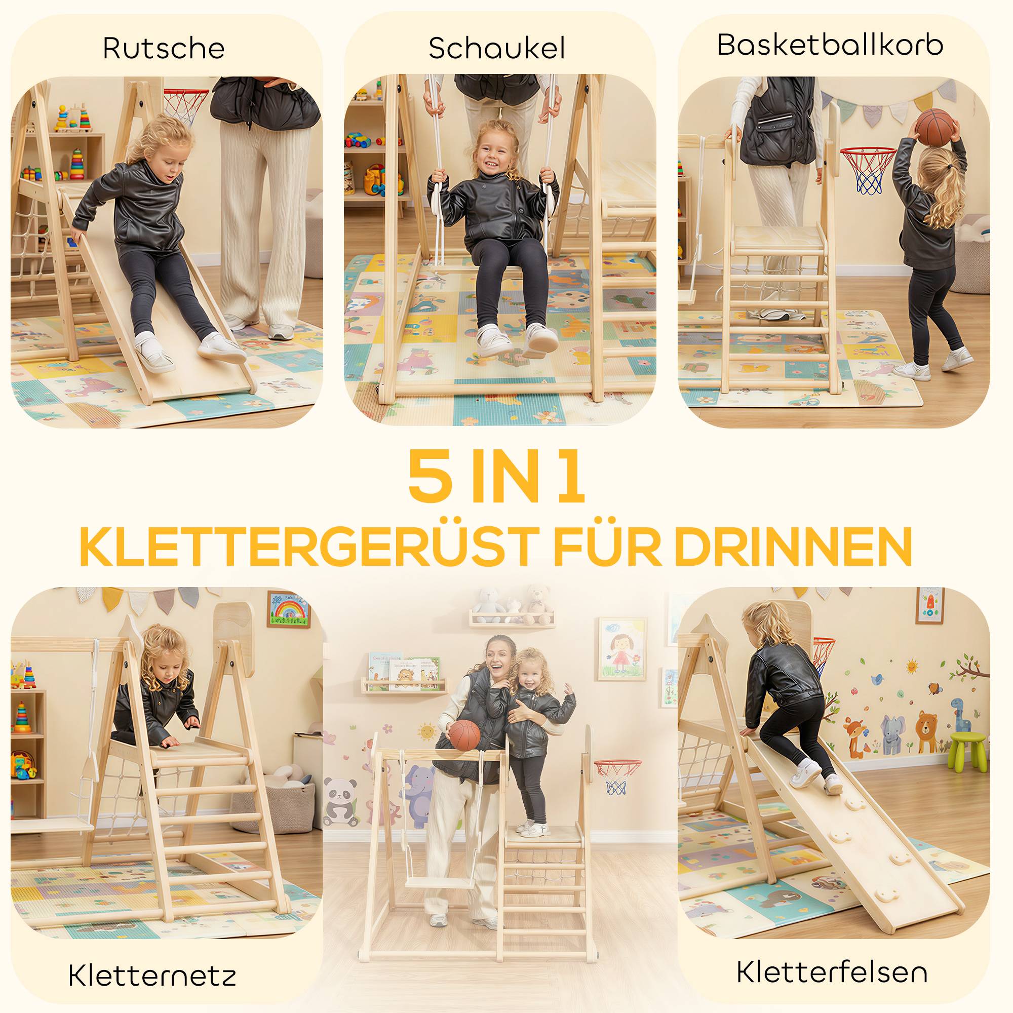 Structure d'escalade d'intérieur 5 en 1 avec toboggan, balançoire, filet d'escalade et panier de basket, pliable, 3-6 ans, bois naturel - Image 6