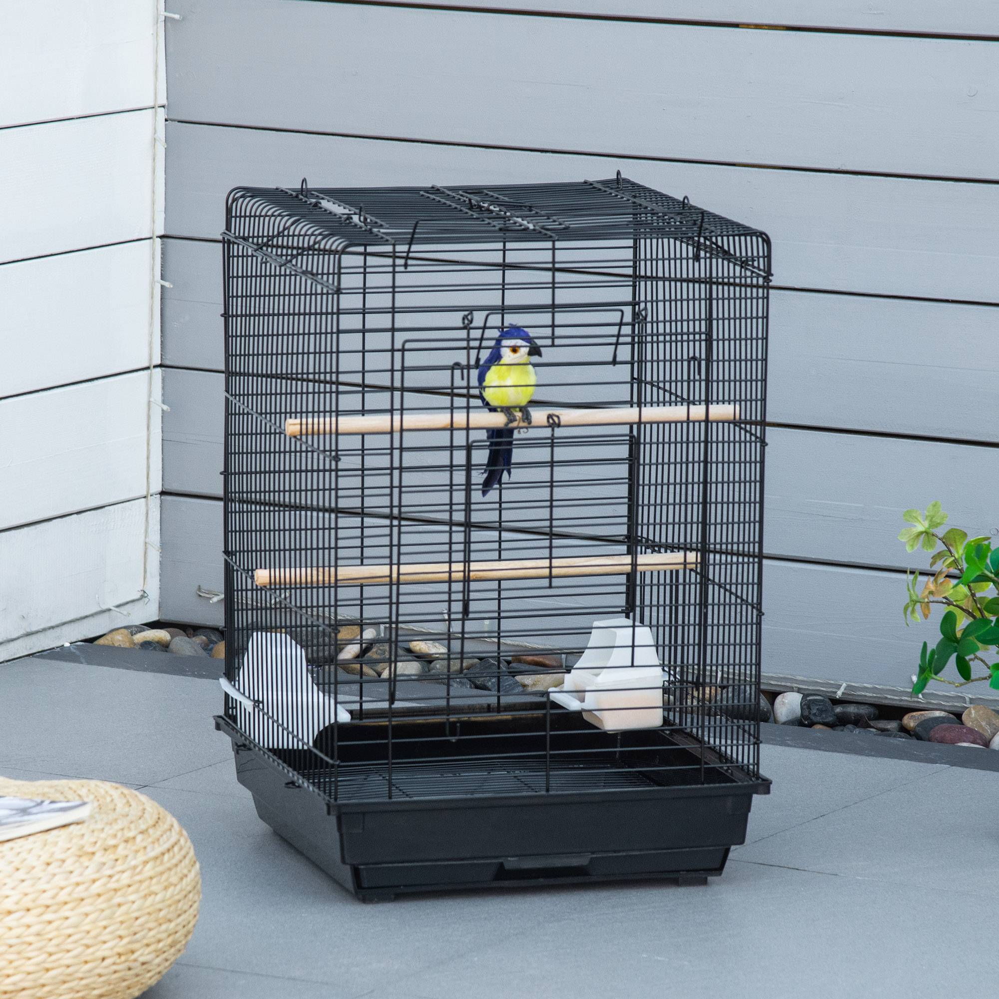 Cage à oiseaux en métal avec mangeoires perchoirs plateau amovible poignée dim. 40L x 40l x 59H cm noir - Image 4