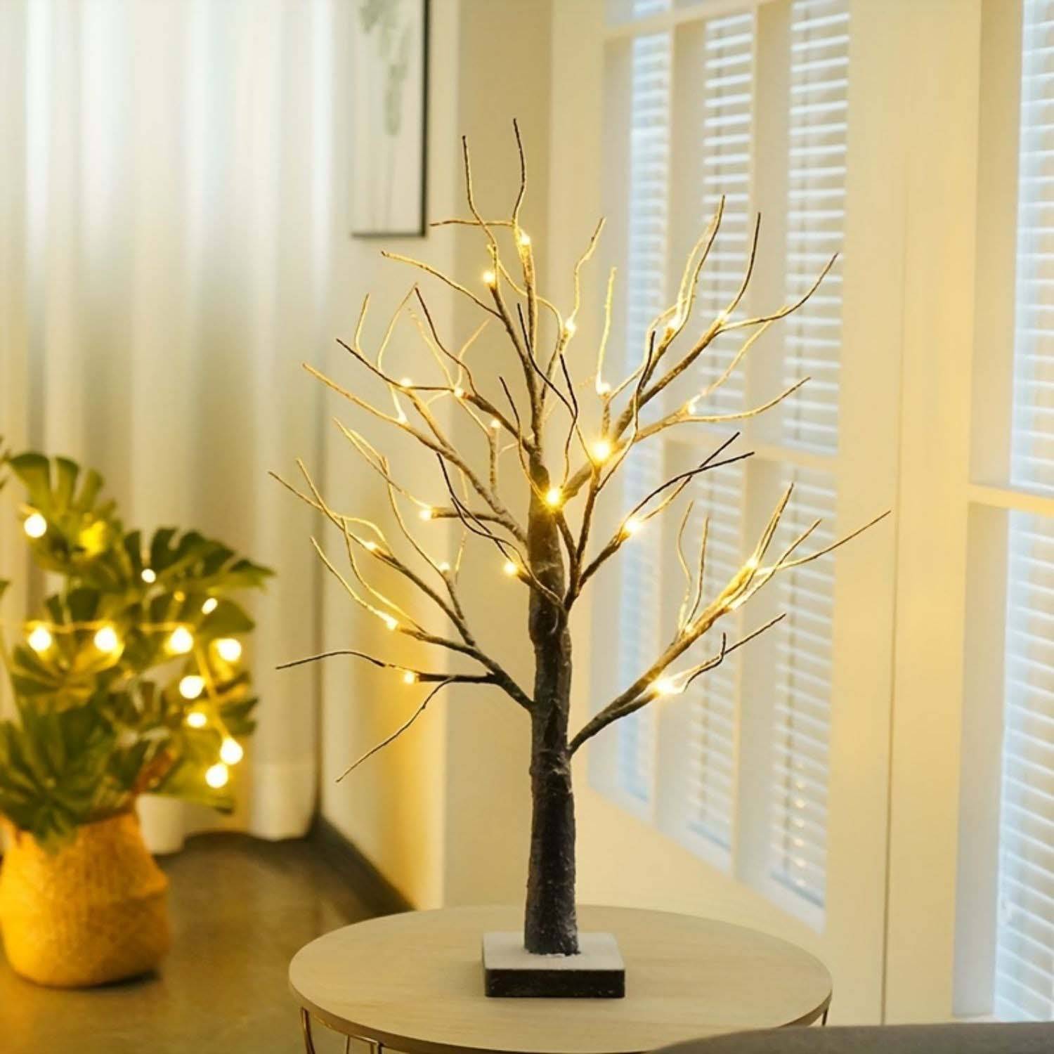 2 arbres LED bouleau 24 lumières blanc chaud, lampes de table décoratives pour Noël, maison et fêtes, ambiance chaleureuse intérieure et extérieure