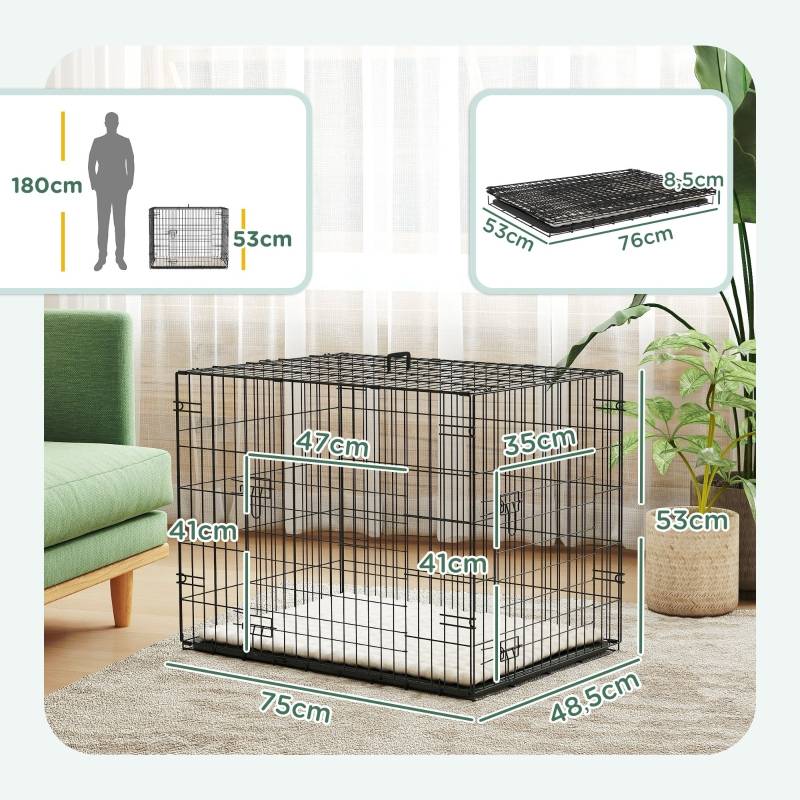 Cage pour Chiens Pliable avec 2 Portes et Coussin Noir 75 x 48.5 x 53 cm - PANGIVO - Image 3