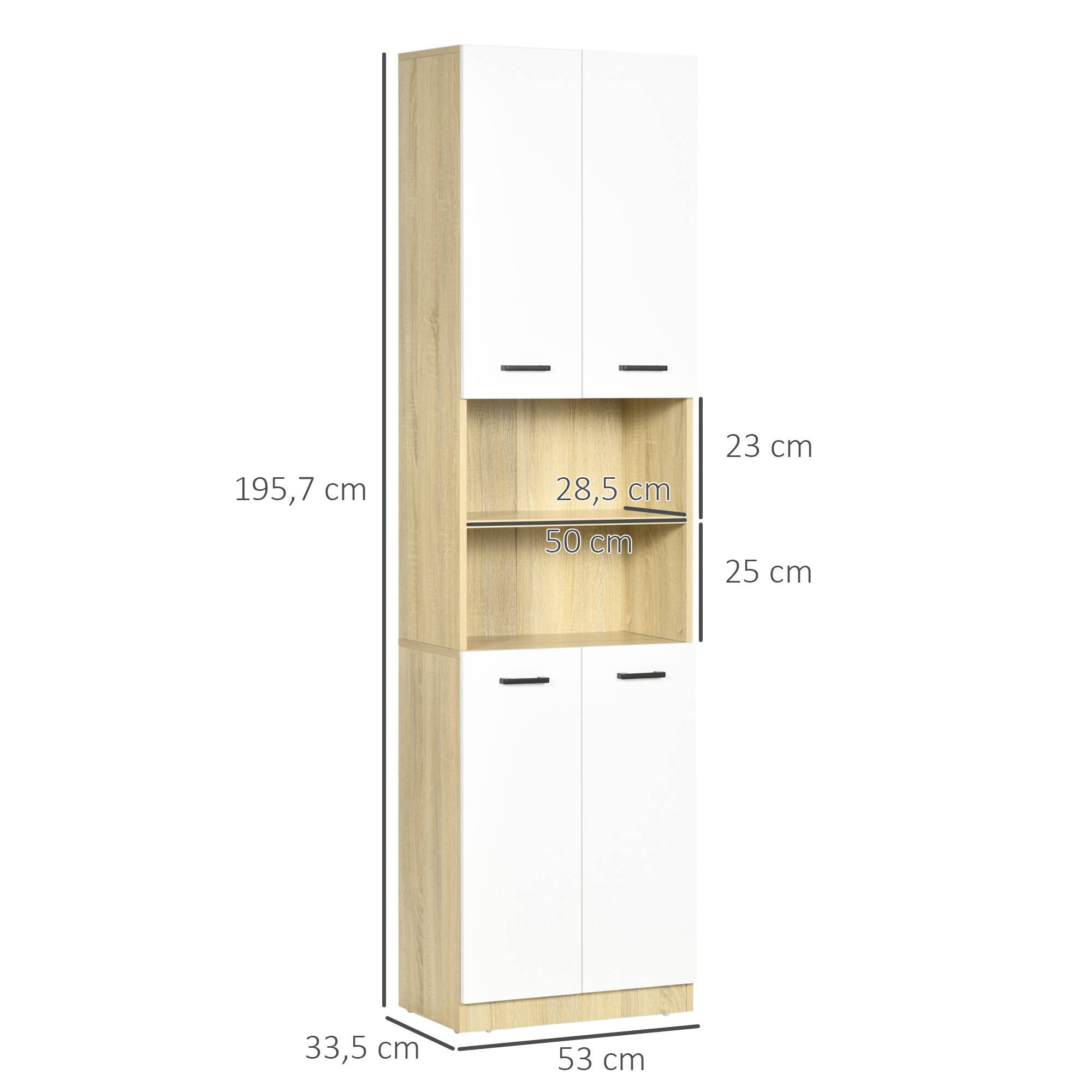 Armoire salle de bain avec 4 portes et étagères réglables, meuble rangement grande capacité blanc chêne 53x33,5x195,7 cm - Image 5