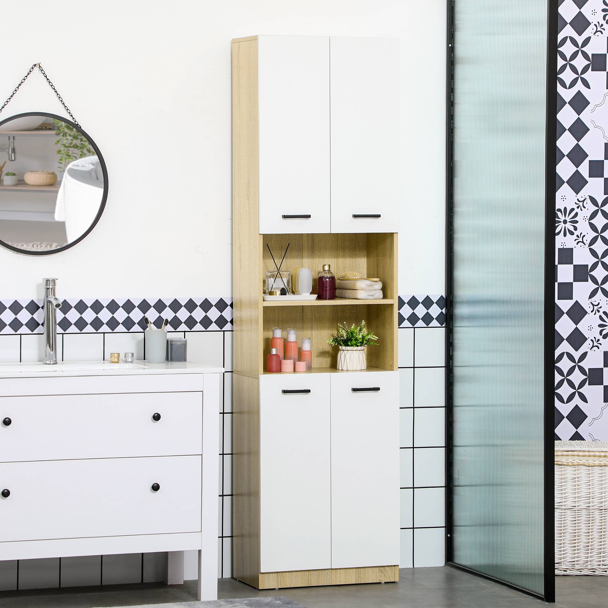Armoire salle de bain avec 4 portes et étagères réglables, meuble rangement grande capacité blanc chêne 53x33,5x195,7 cm - Image 3