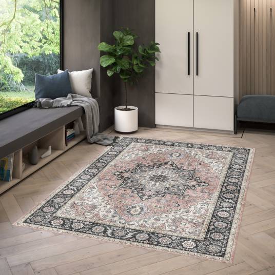 Decoweb - Tapis doux à motif oriental - Yasmine - Bleu nuit et rose - 120 x 160 cm - Decoweb - Image 2