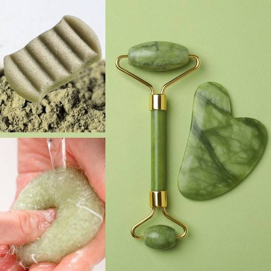 Pack Beauté - Roller Visage + Gua Sha en Pierre Naturelle de Jade Vert + autres produits soin du Visage et du Corps - Image 1