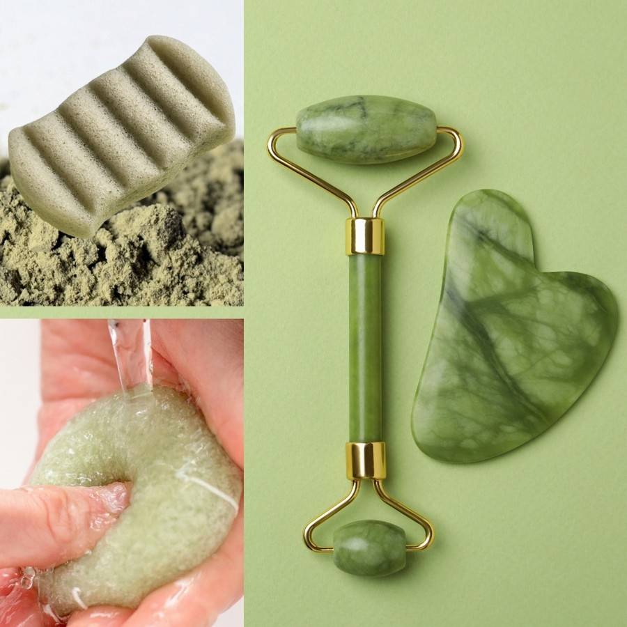 Pack Beauté - Roller Visage + Gua Sha en Pierre Naturelle de Jade Vert + autres produits soin du Visage et du Corps - Image 1