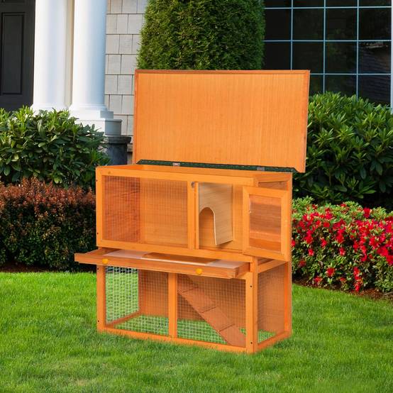 Cage à lapins à deux étages, clapier d'extérieur en bois de sapin, 90 x 45 x 80 cm - Image 4