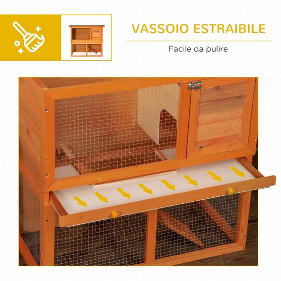 Cage à lapins à deux étages, clapier d'extérieur en bois de sapin, 90 x 45 x 80 cm - Image 8