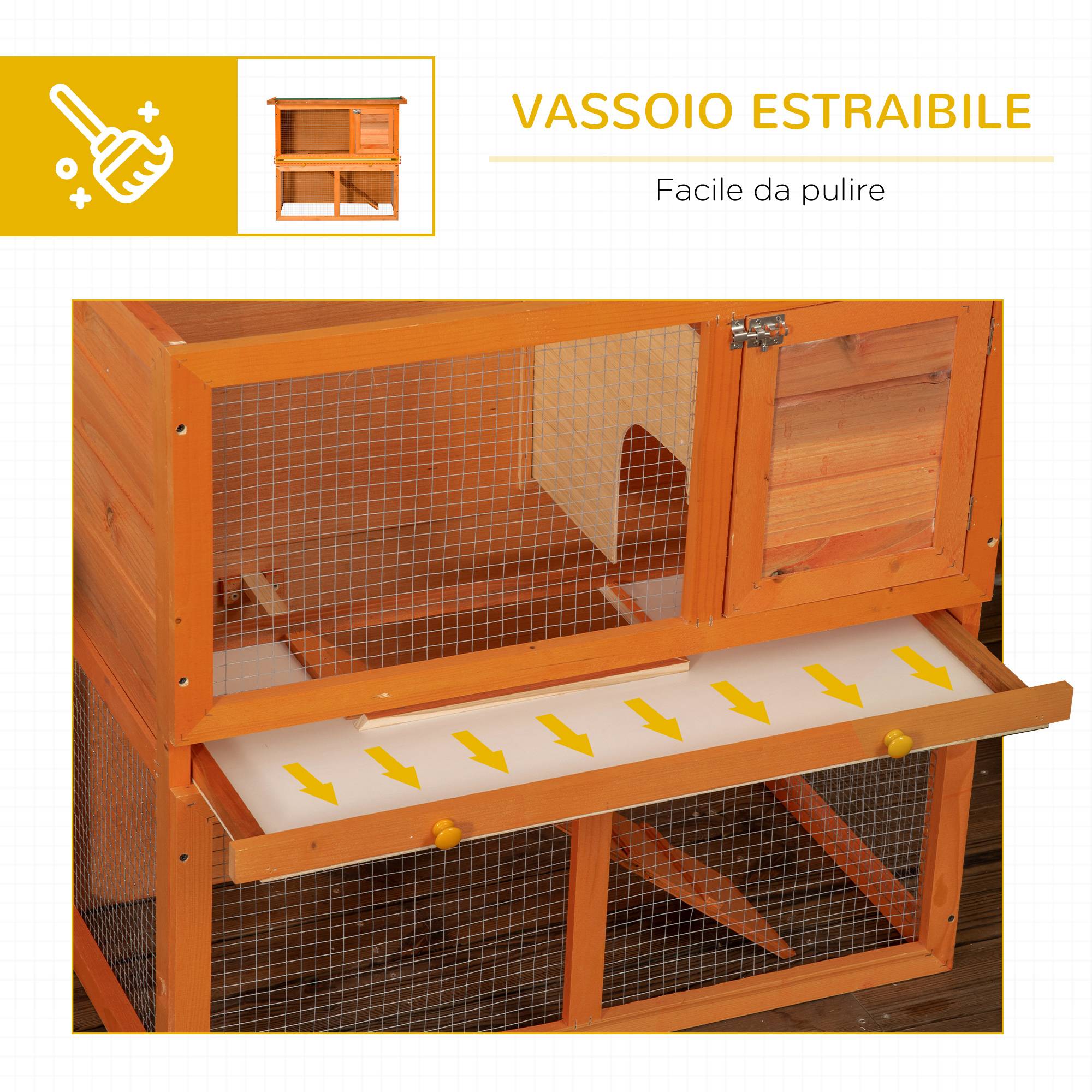 Cage à lapins à deux étages, clapier d'extérieur en bois de sapin, 90 x 45 x 80 cm - Image 8