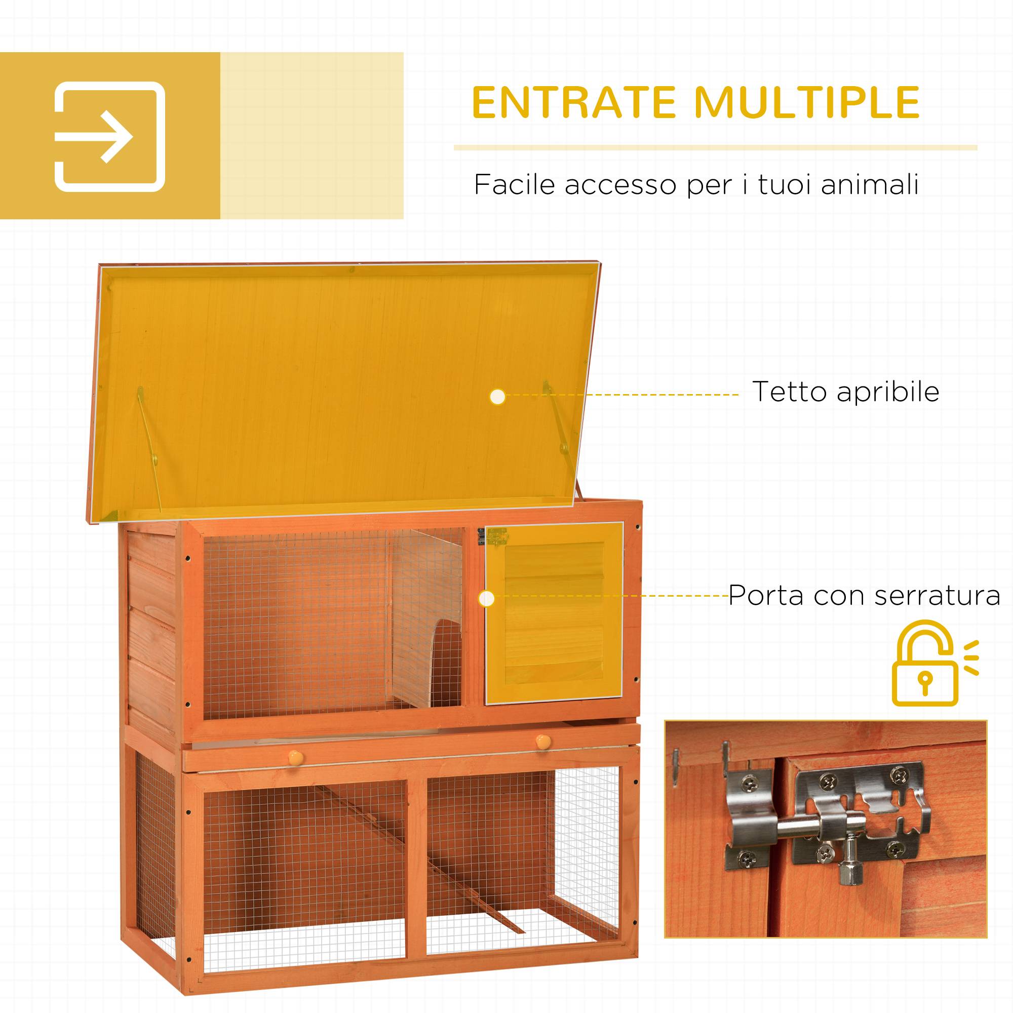 Cage à lapins à deux étages, clapier d'extérieur en bois de sapin, 90 x 45 x 80 cm - Image 7