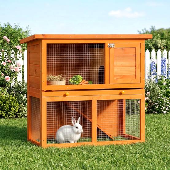 Cage à lapins à deux étages, clapier d'extérieur en bois de sapin, 90 x 45 x 80 cm - Image 3