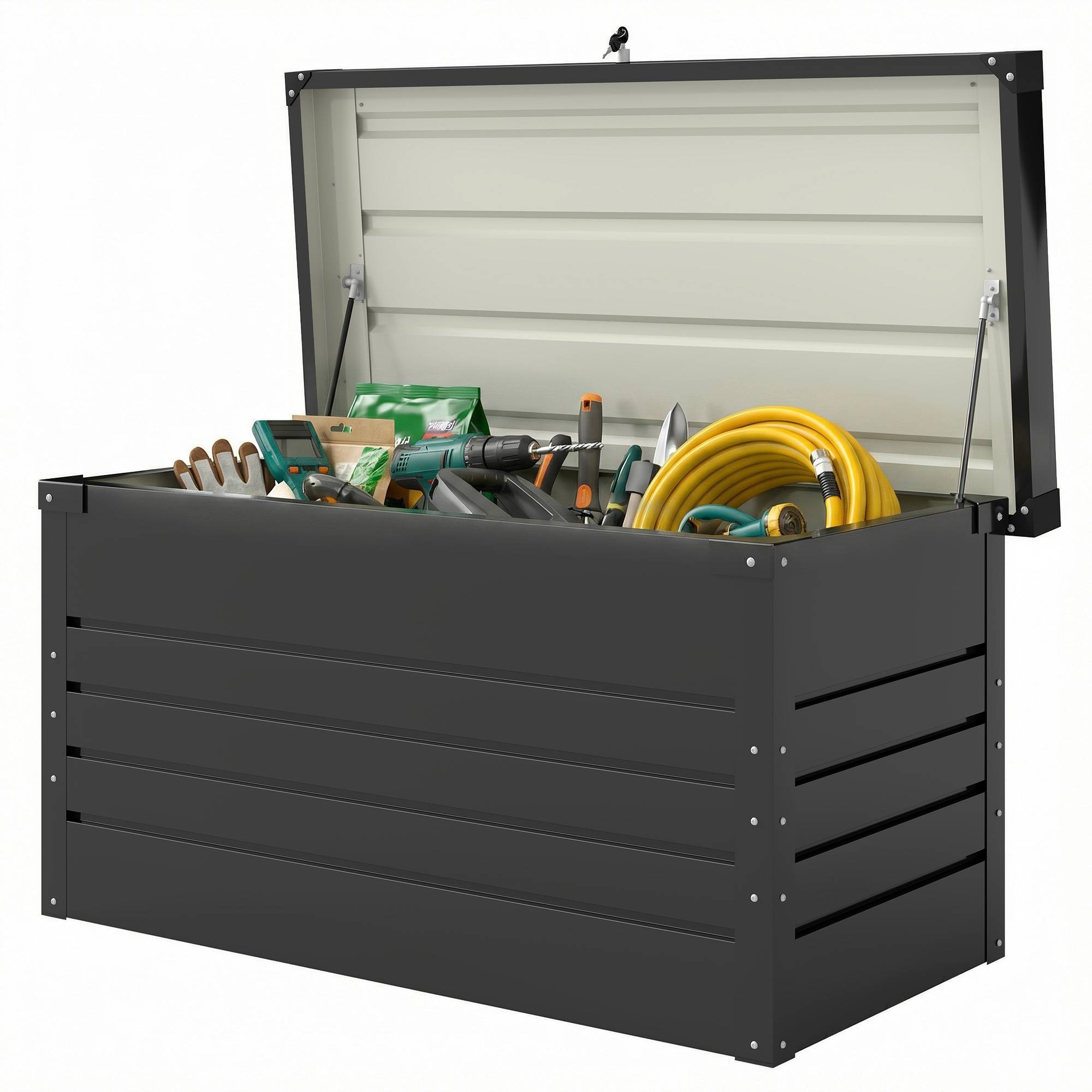 Coffre de rangement métal boîte de jardin 350L double vérins à gaz verrouillable pour coussins outils gris anthracite - Image 2