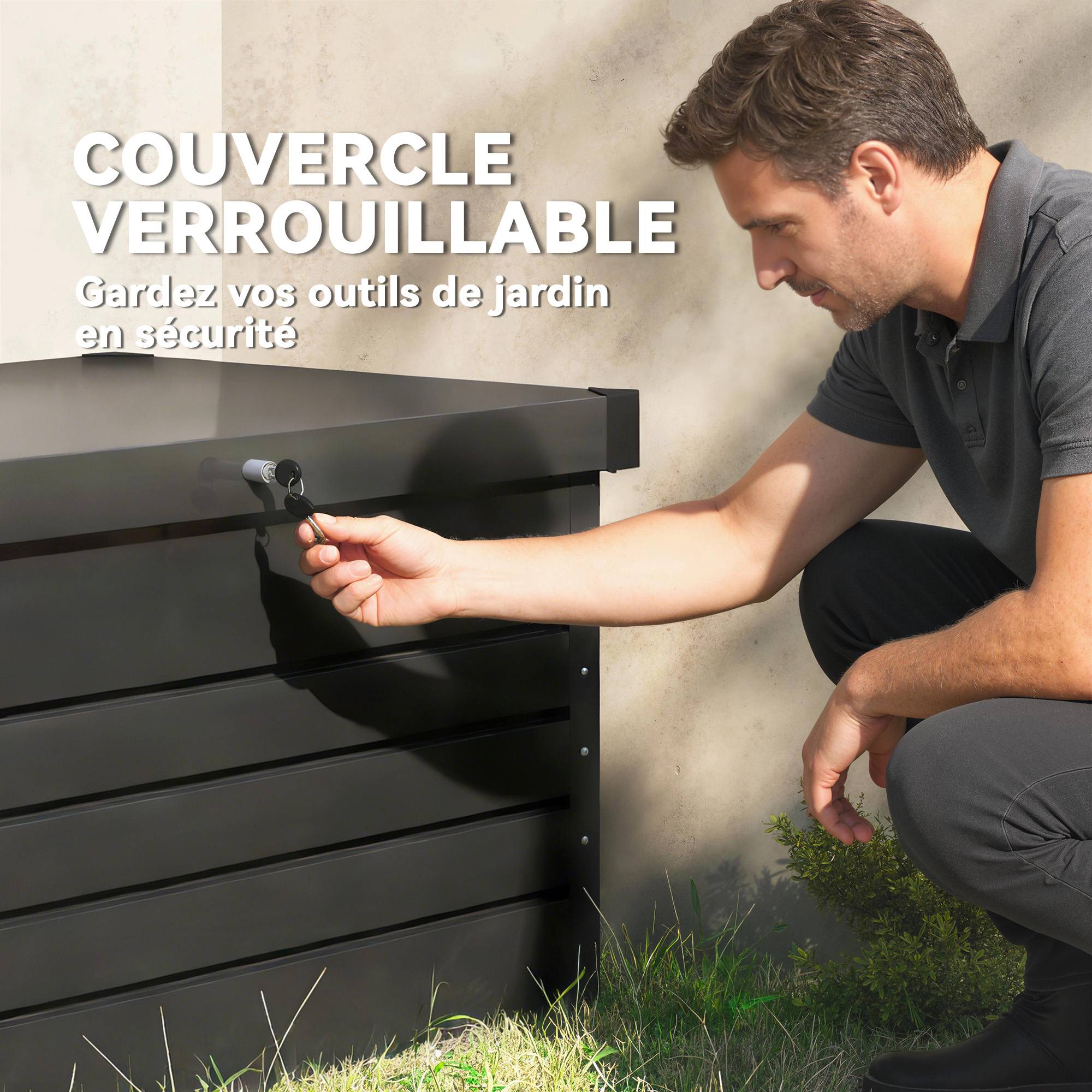 Coffre de rangement métal boîte de jardin 350L double vérins à gaz verrouillable pour coussins outils gris anthracite - Image 8