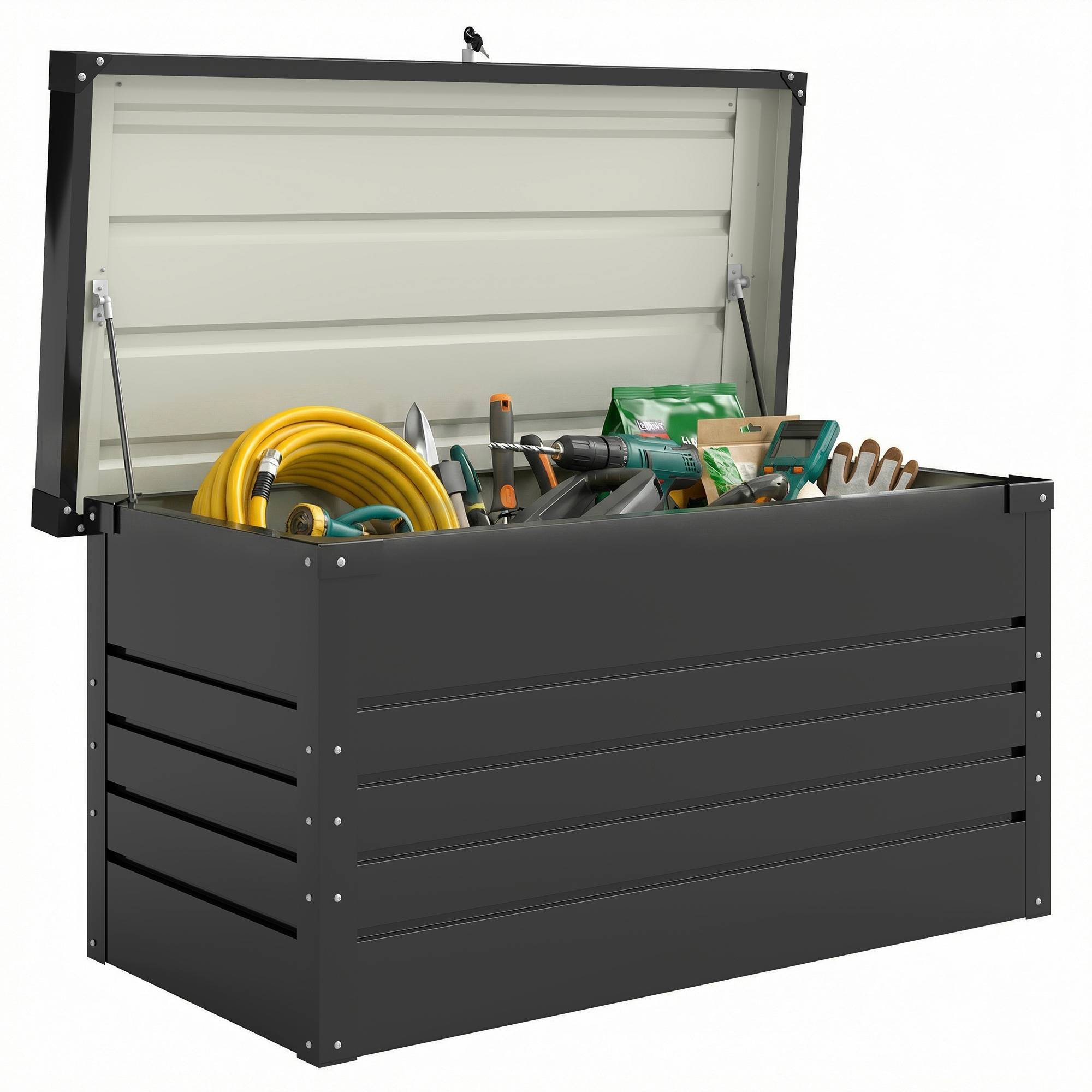 Coffre de rangement métal boîte de jardin 350L double vérins à gaz verrouillable pour coussins outils gris anthracite - Image 1