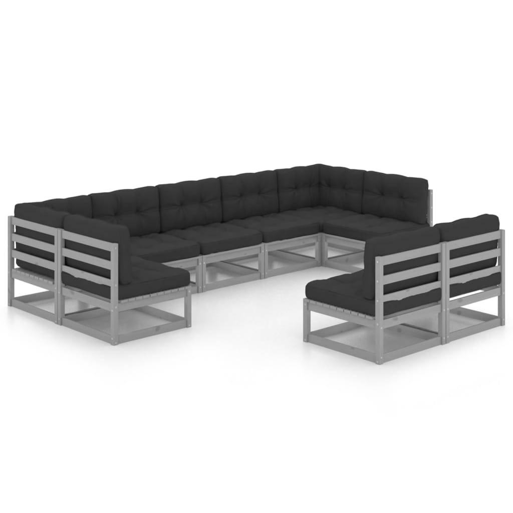 Helloshop26 - Salon de jardin meuble d'extérieur ensemble de mobilier 9 pièces avec coussins gris bois de pin massif - Image 1