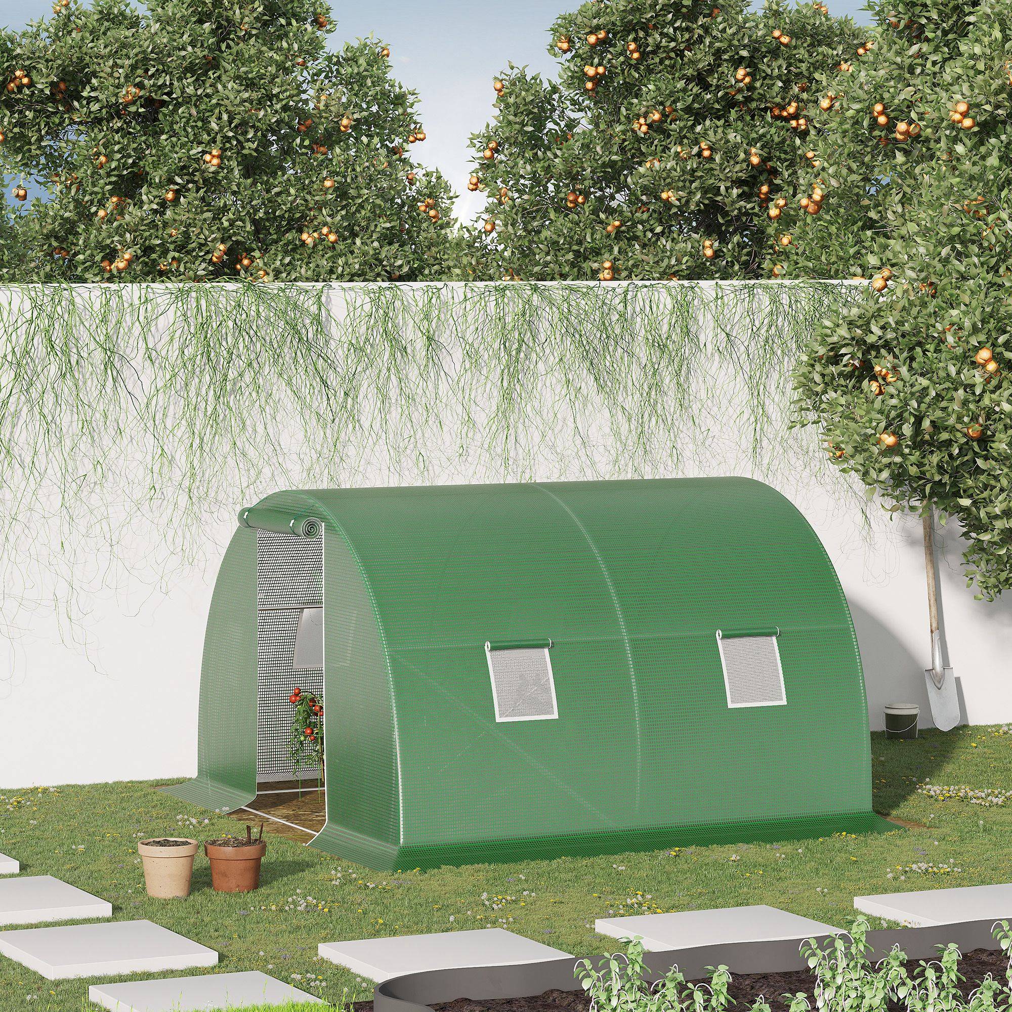 Serre tunnel de 3 x 3 x 2 m avec porte enroulable, 4 fenêtres grillagées et structure en acier galvanisé vert - Image 4