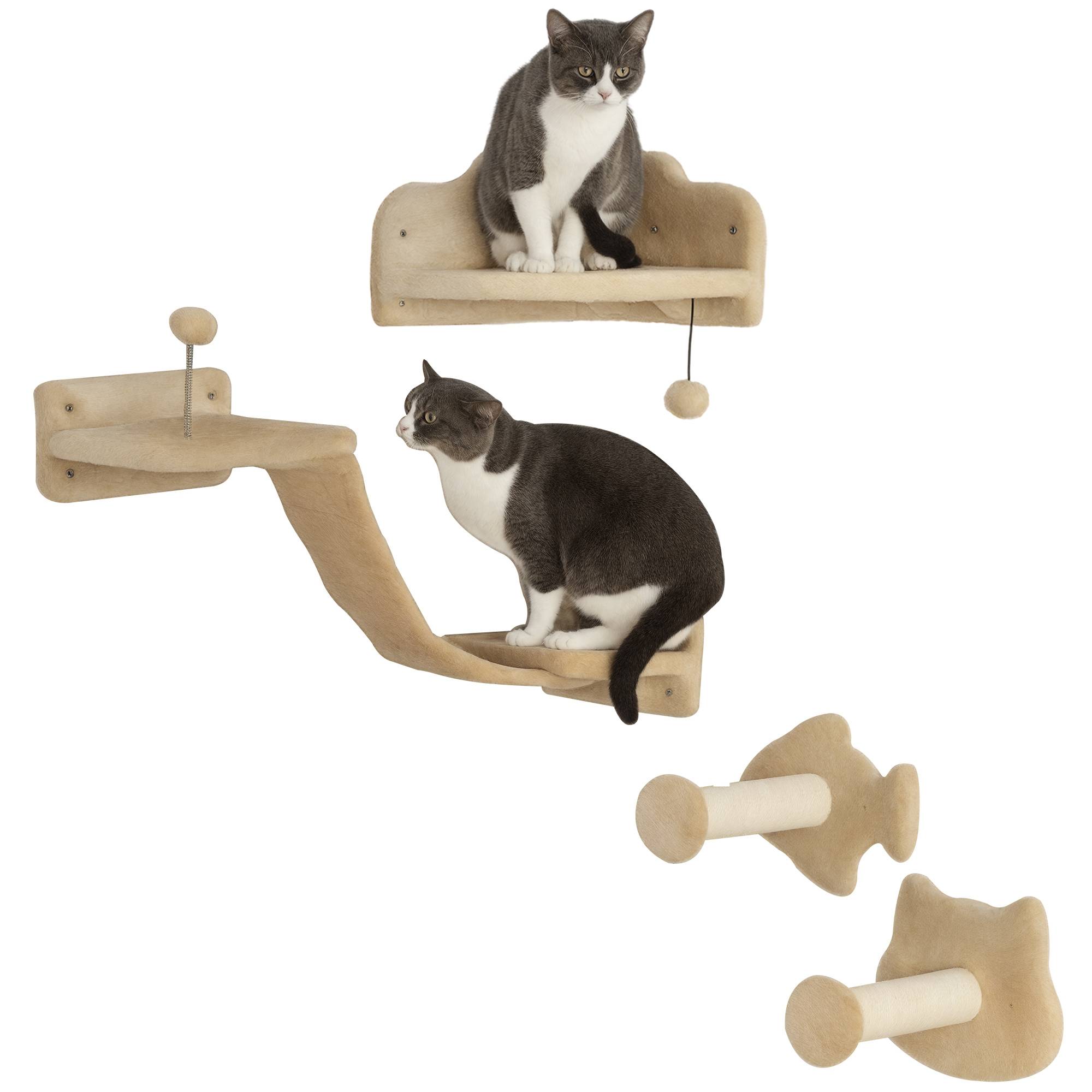 Arbre à chat mural avec 2 poteaux en sisal, double plateforme avec échelle souple et 1 plateforme de saut, beige - Image 1