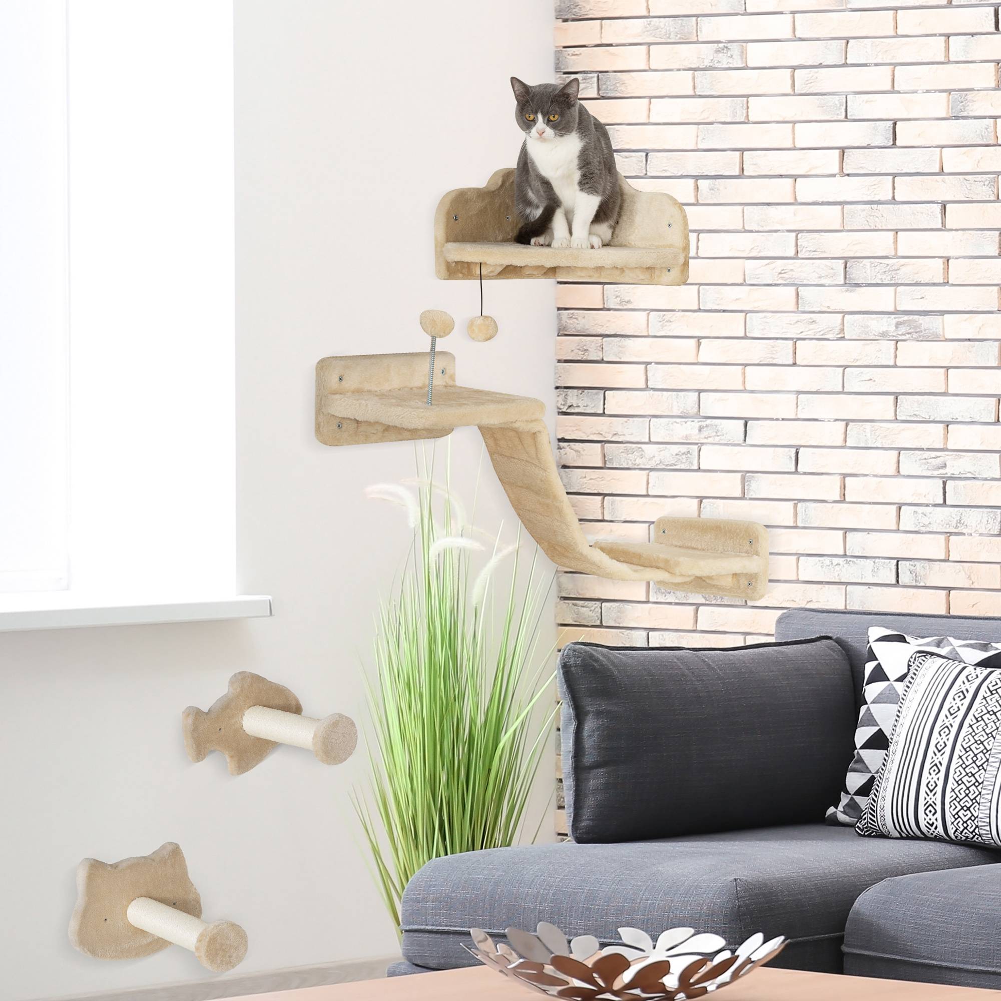 Arbre à chat mural avec 2 poteaux en sisal, double plateforme avec échelle souple et 1 plateforme de saut, beige - Image 3