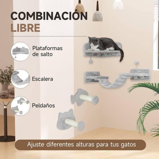 Arbre à chat mural avec 2 poteaux en sisal, double plateforme avec échelle souple et 1 plateforme de saut, beige - Image 7