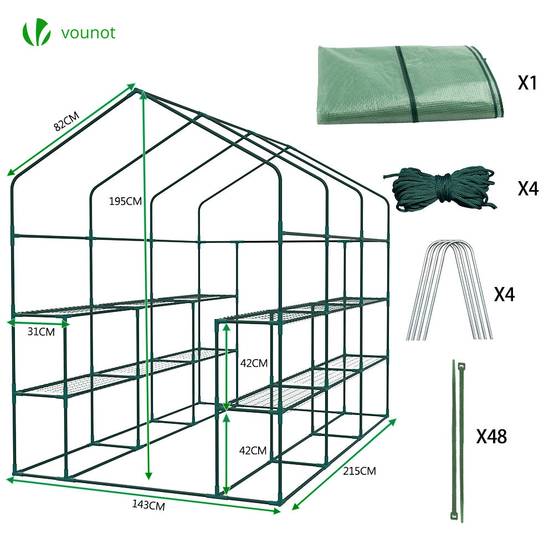 Vounot - Serre de jardin avec étagères 143x215x195cm vert - Bâche PE renforcée 135g/m² - Fenêtre moustiquaire, porte enroulable zippée - Image 6