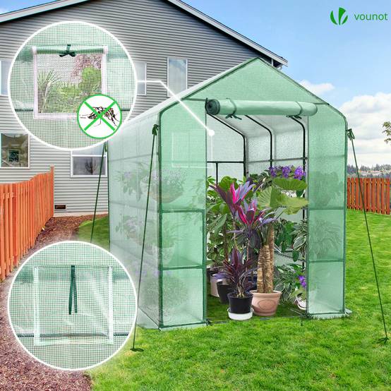 Vounot - Serre de jardin avec étagères 143x215x195cm vert - Bâche PE renforcée 135g/m² - Fenêtre moustiquaire, porte enroulable zippée - Image 2