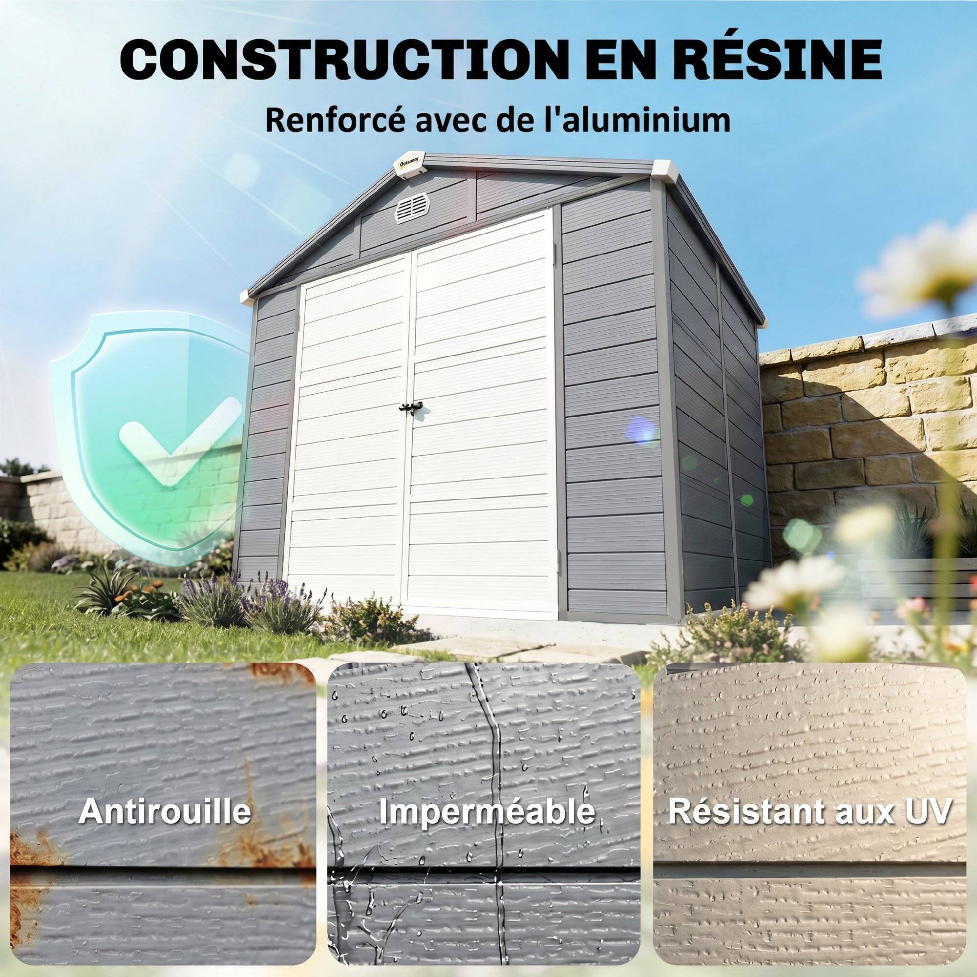 Abri de jardin en résine 4,56 m² avec kit de fondation galvanisé structure en aluminium 240 x 190 x 228 cm gris foncé - Image 6