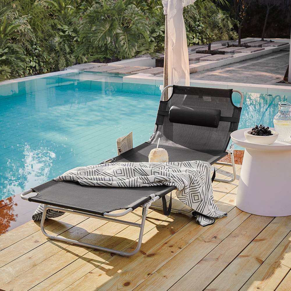 Bain de Soleil Transat de Jardin Chaise Longue Pliable, Réglable et Inclinable Noir L.195 x l.62 x H.29 cm SoBuy - Image 2