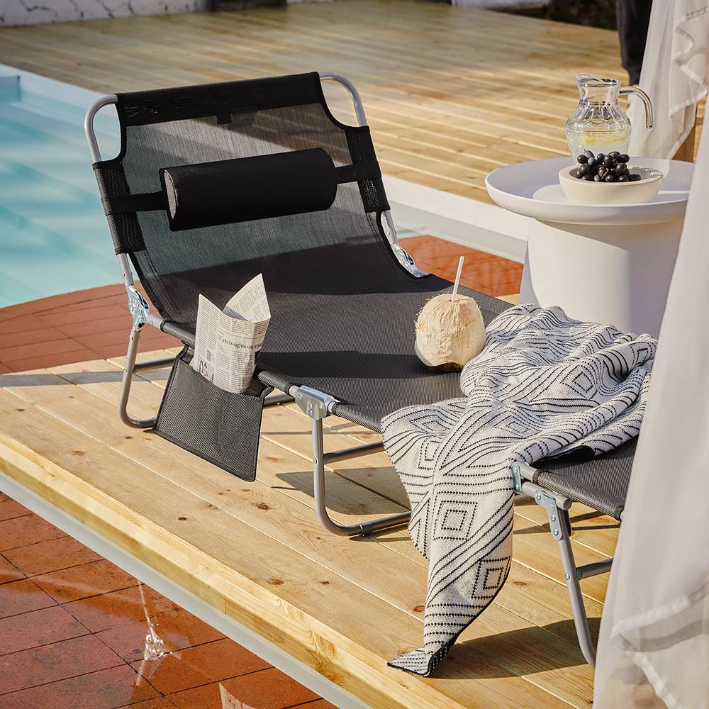 Bain de Soleil Transat de Jardin Chaise Longue Pliable, Réglable et Inclinable Noir L.195 x l.62 x H.29 cm SoBuy - Image 9