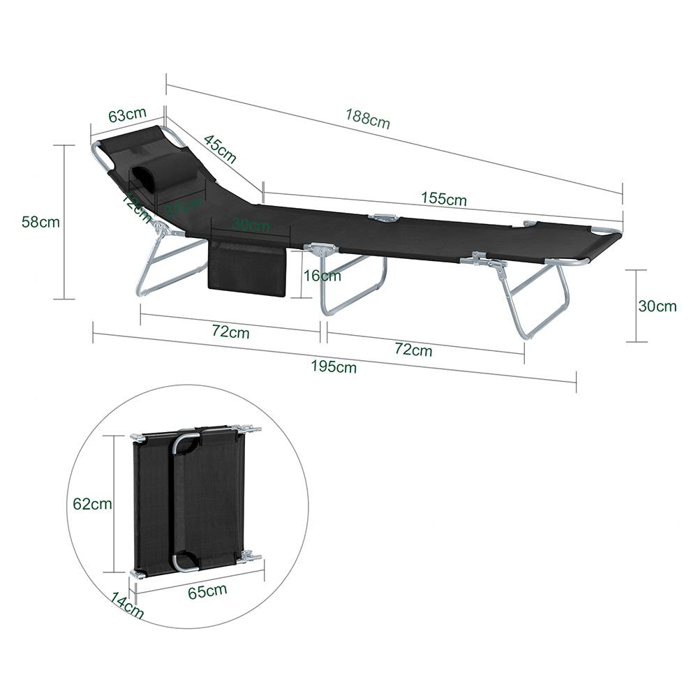Bain de Soleil Transat de Jardin Chaise Longue Pliable, Réglable et Inclinable Noir L.195 x l.62 x H.29 cm SoBuy - Image 3