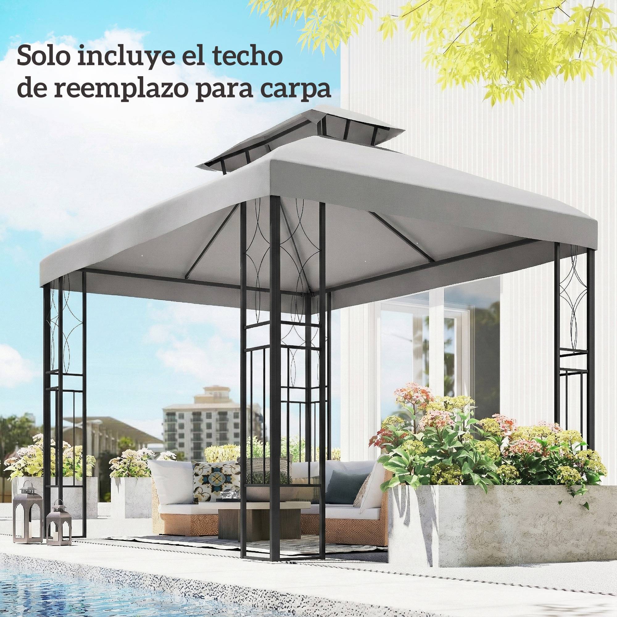 Toile de Rechange 4x3m pour Tonnelle Double Toit Polyester Anti-UV Gris Clair - ComfortXL Outdoor Living - Image 4