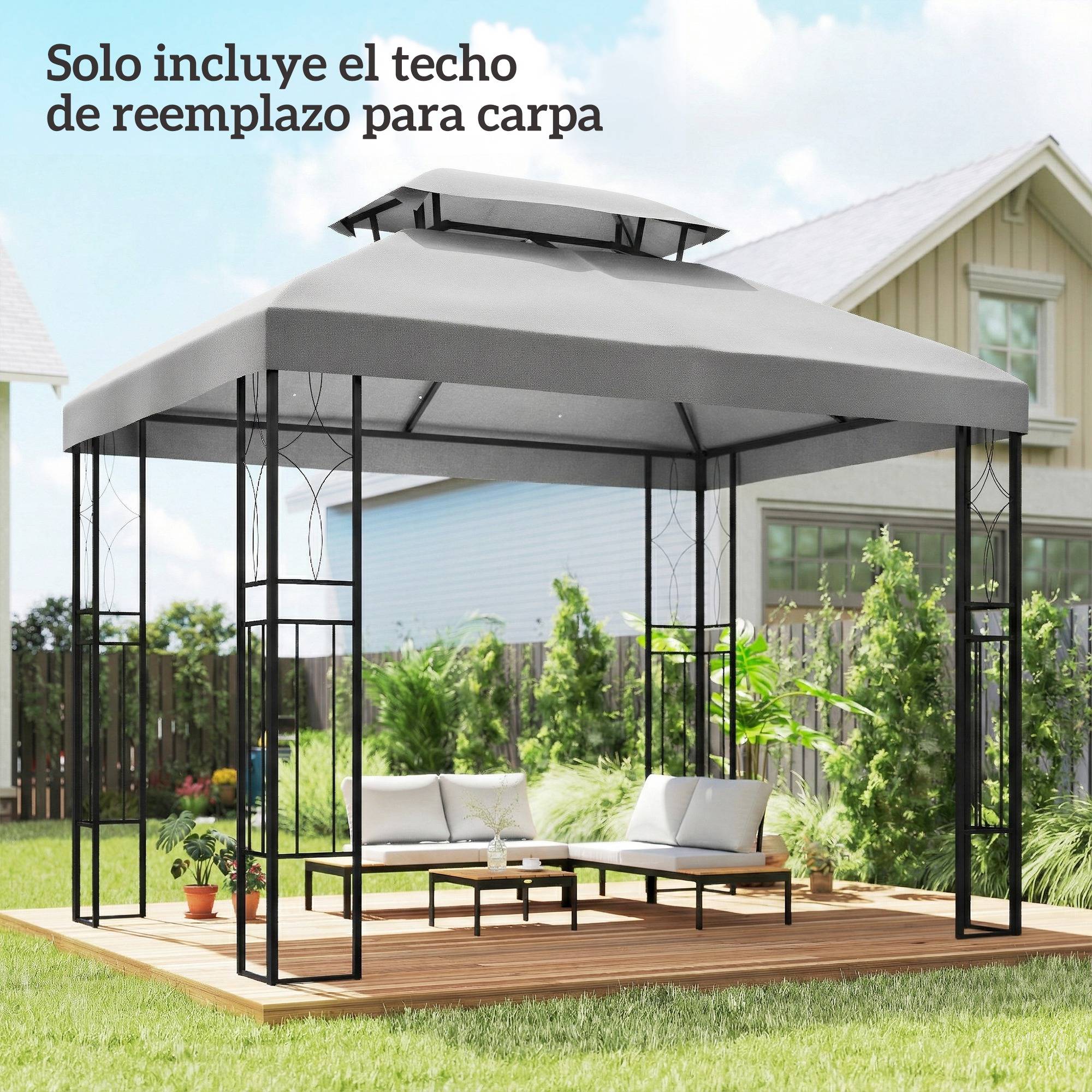 Toile de Rechange 4x3m pour Tonnelle Double Toit Polyester Anti-UV Gris Clair - ComfortXL Outdoor Living - Image 3