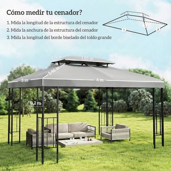Toile de Rechange 4x3m pour Tonnelle Double Toit Polyester Anti-UV Gris Clair - ComfortXL Outdoor Living - Image 5