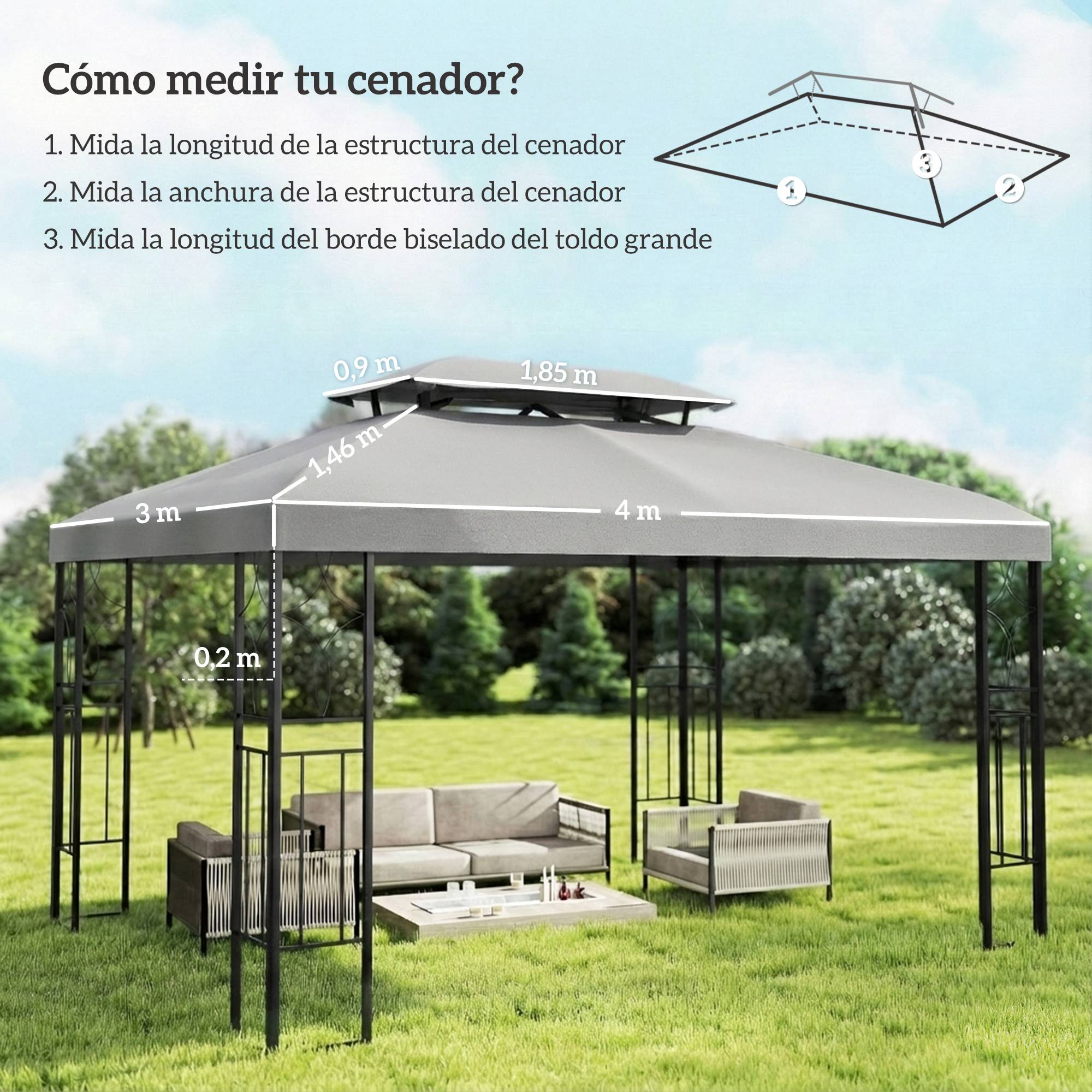 Toile de Rechange 4x3m pour Tonnelle Double Toit Polyester Anti-UV Gris Clair - ComfortXL Outdoor Living - Image 5