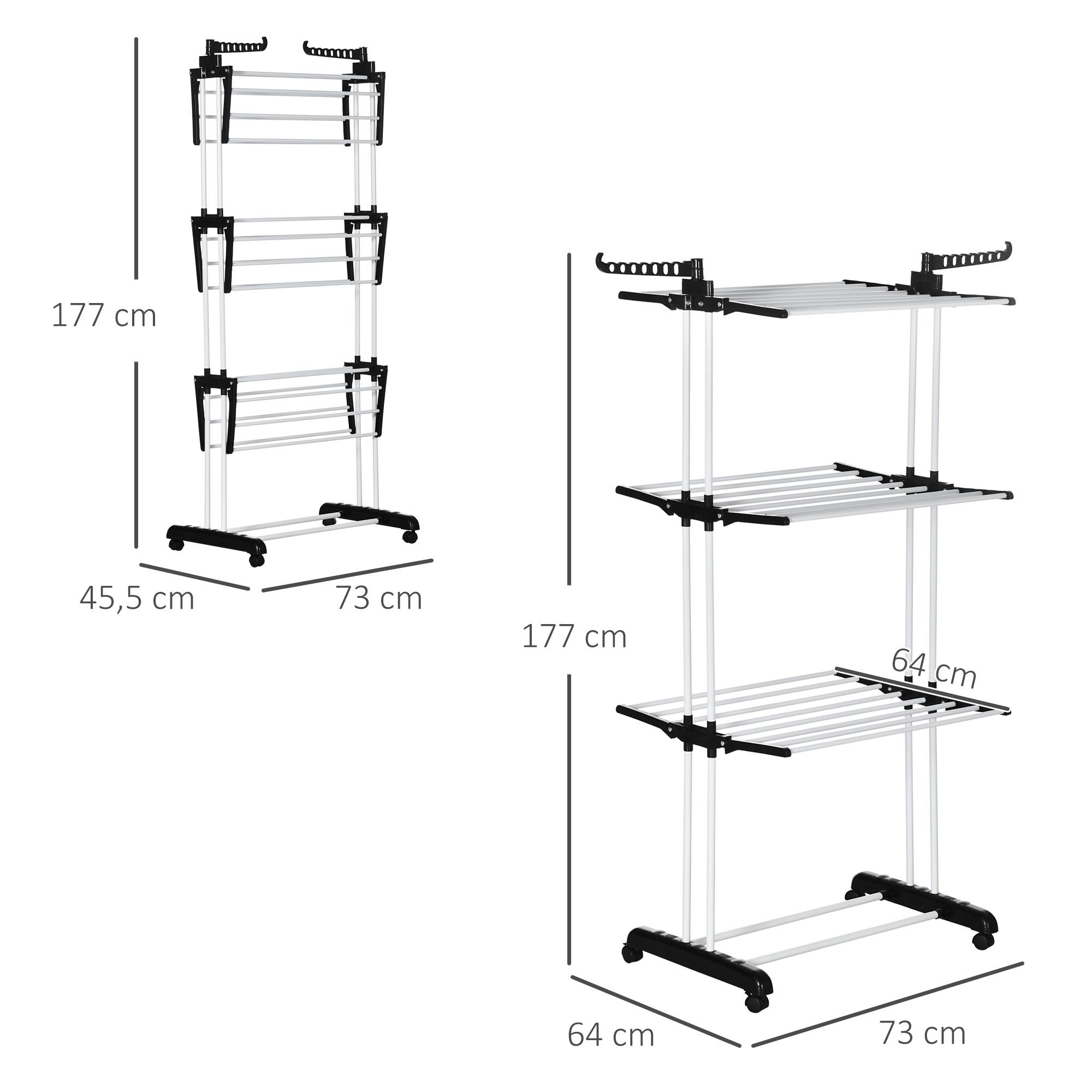 Homcom - Séchoir étendoir à linge 73x64x177cm pliable ailes latérales 3 niveaux sur roulettes cadre acier noir argent - HOMCOM - Image 3