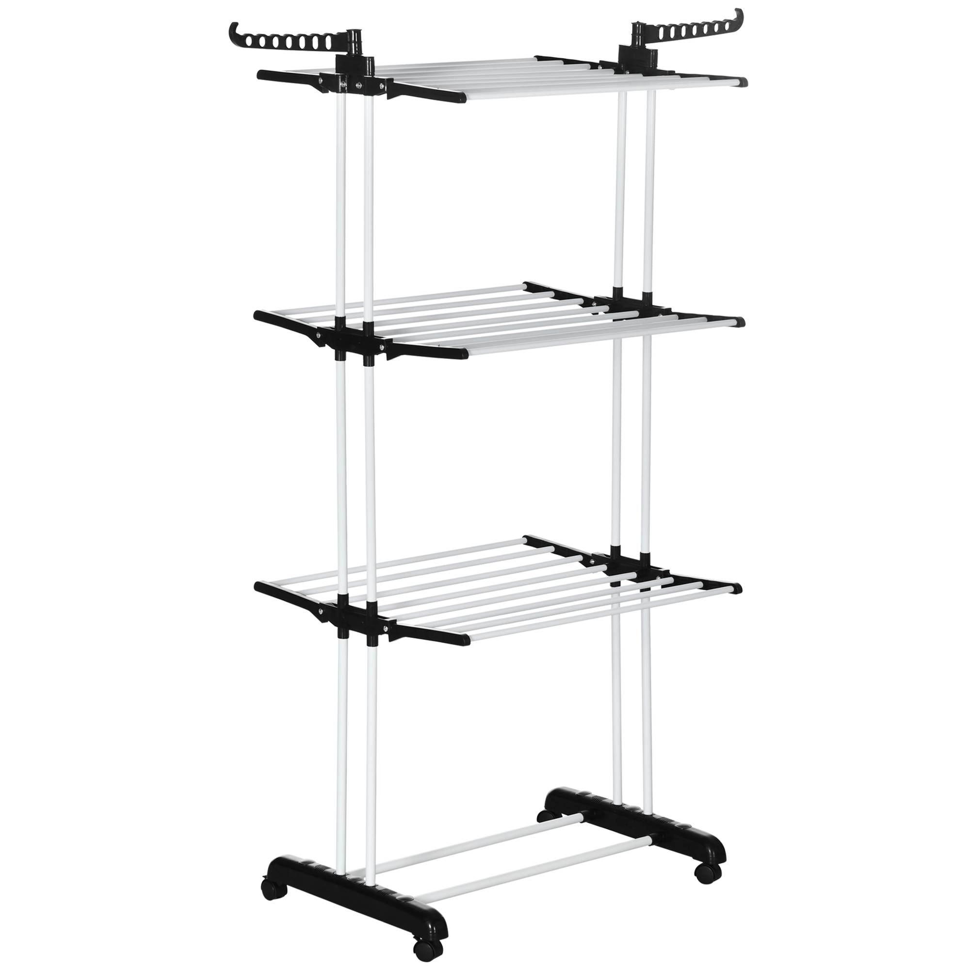 Homcom - Séchoir étendoir à linge 73x64x177cm pliable ailes latérales 3 niveaux sur roulettes cadre acier noir argent - HOMCOM - Image 1