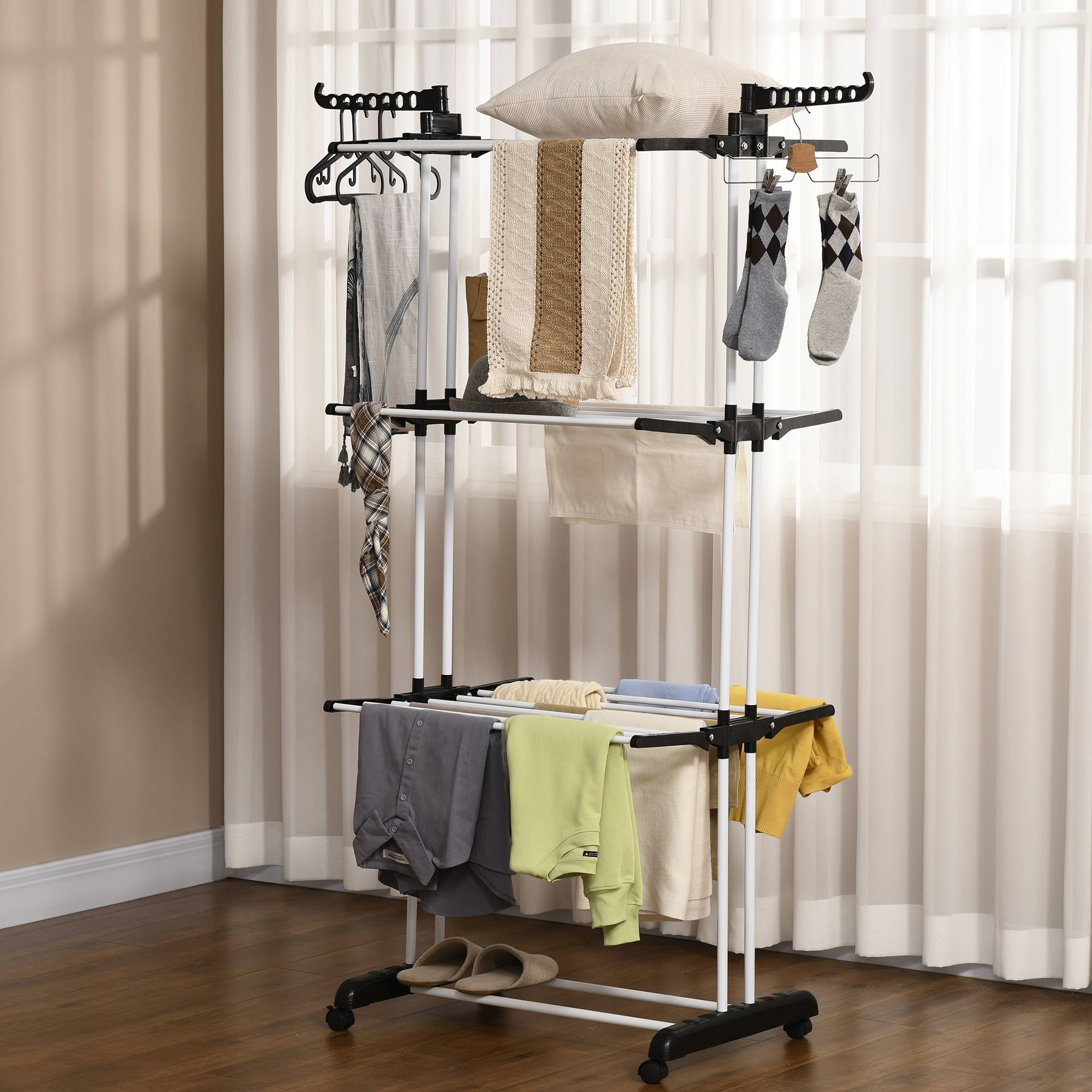 Homcom - Séchoir étendoir à linge 73x64x177cm pliable ailes latérales 3 niveaux sur roulettes cadre acier noir argent - HOMCOM - Image 2