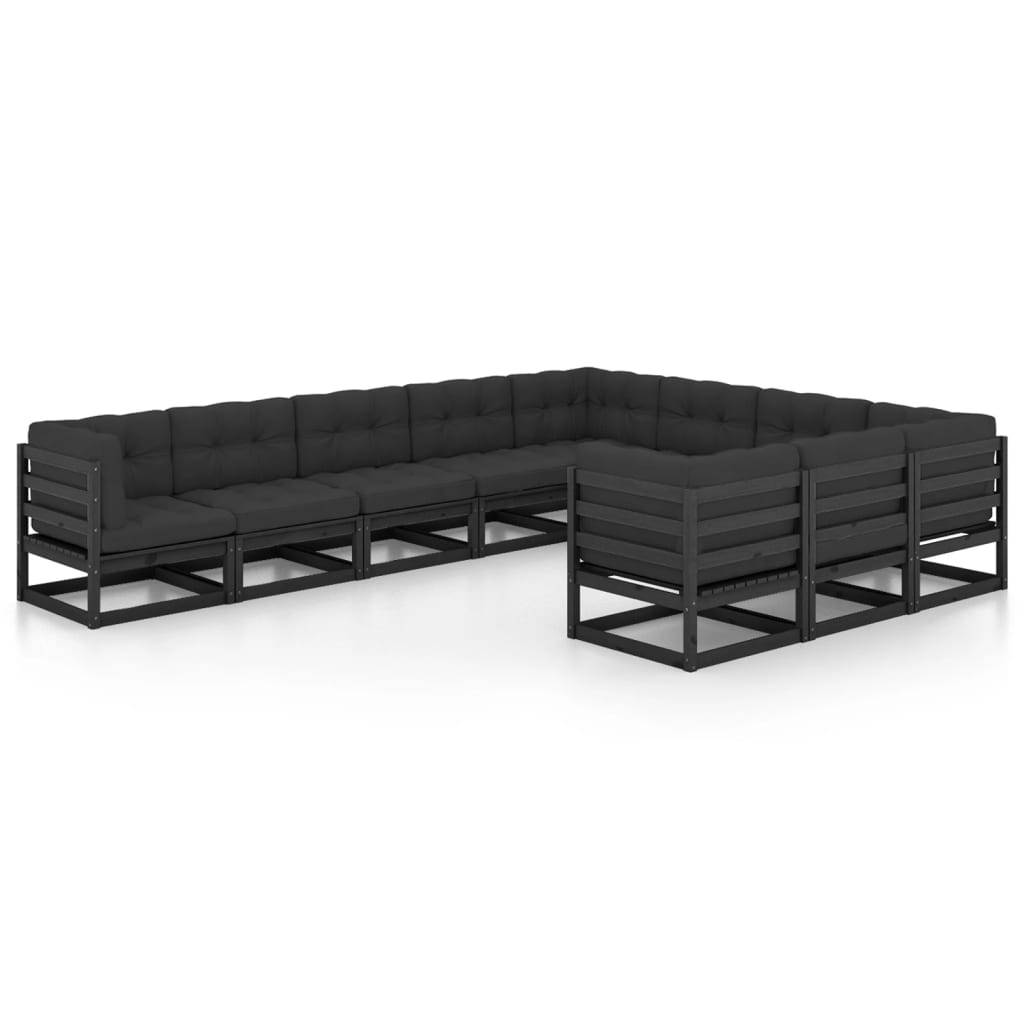 Helloshop26 - Salon de jardin meuble d'extérieur ensemble de mobilier 10 pièces avec coussins noir bois de pin massif - Image 1