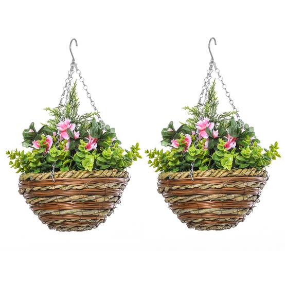 Lot 2 lisianthus artificiels pot crochet plantes PE osier Ø25x34 cm vert rose - Image 2
