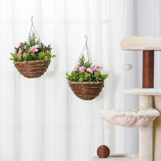 Lot 2 lisianthus artificiels pot crochet plantes PE osier Ø25x34 cm vert rose - Image 4